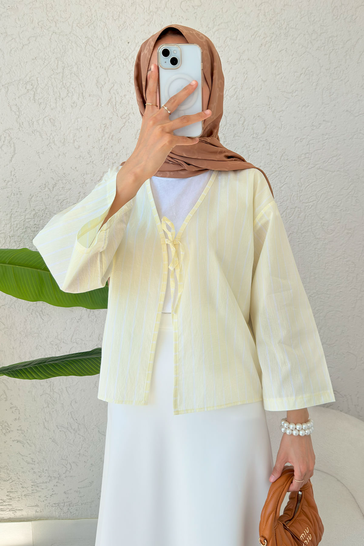 Çizgili İp Bağcıklı Kimono 2357 - SARI |  