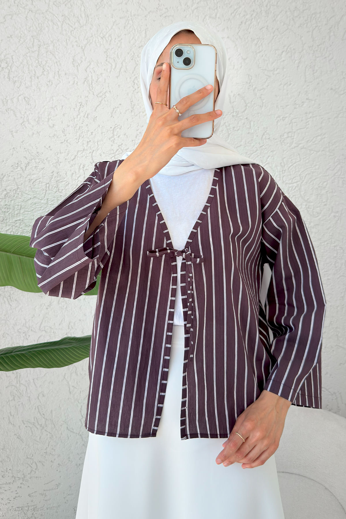 Çizgili İp Bağcıklı Kimono 2357 - VİŞNE ÇÜRÜĞÜ |  