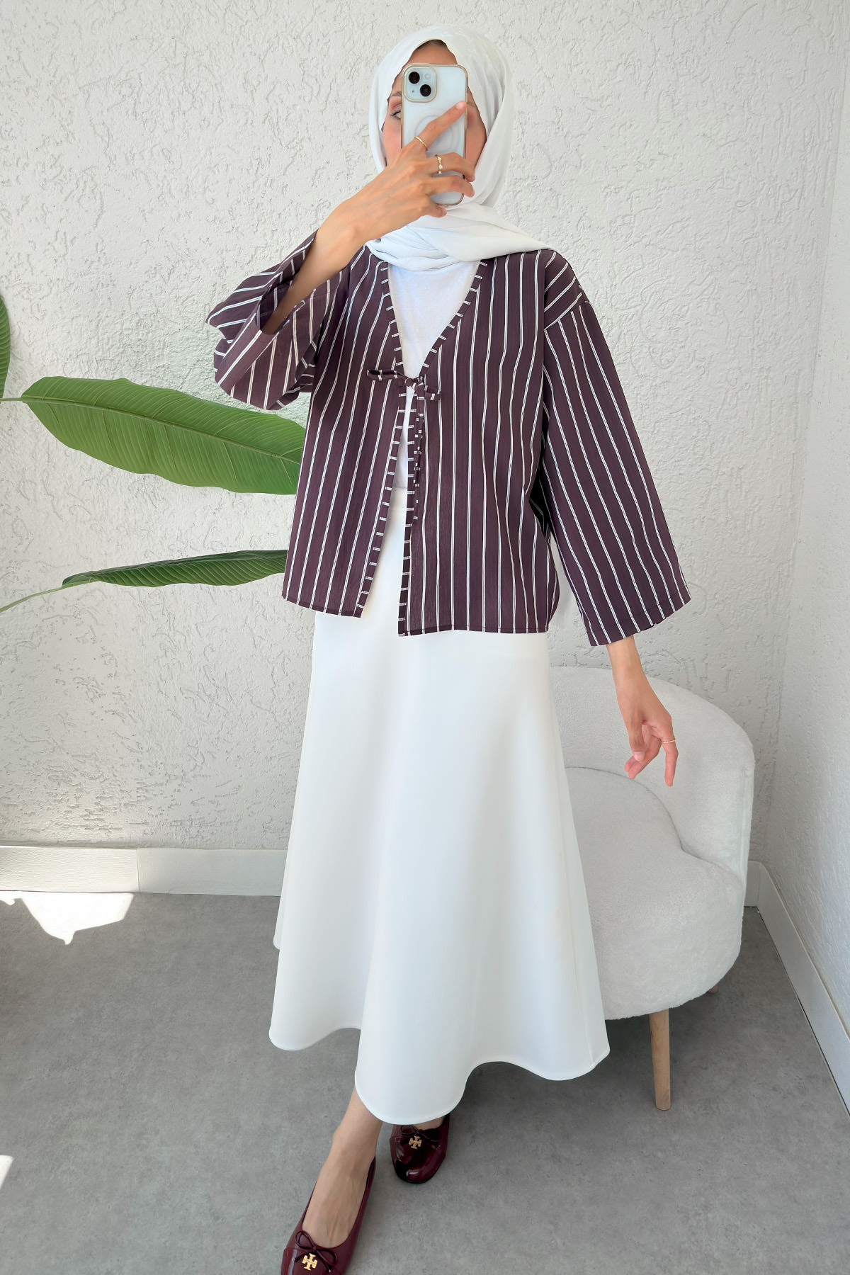 Çizgili İp Bağcıklı Kimono 2357 - VİŞNE ÇÜRÜĞÜ |  