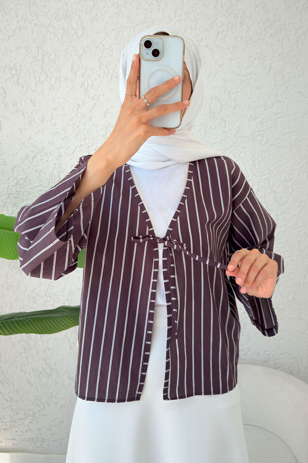 Çizgili İp Bağcıklı Kimono 2357 - VİŞNE ÇÜRÜĞÜ |  