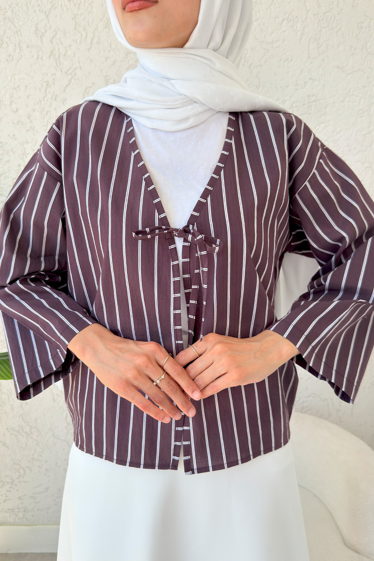 Çizgili İp Bağcıklı Kimono 2357 - VİŞNE ÇÜRÜĞÜ |  