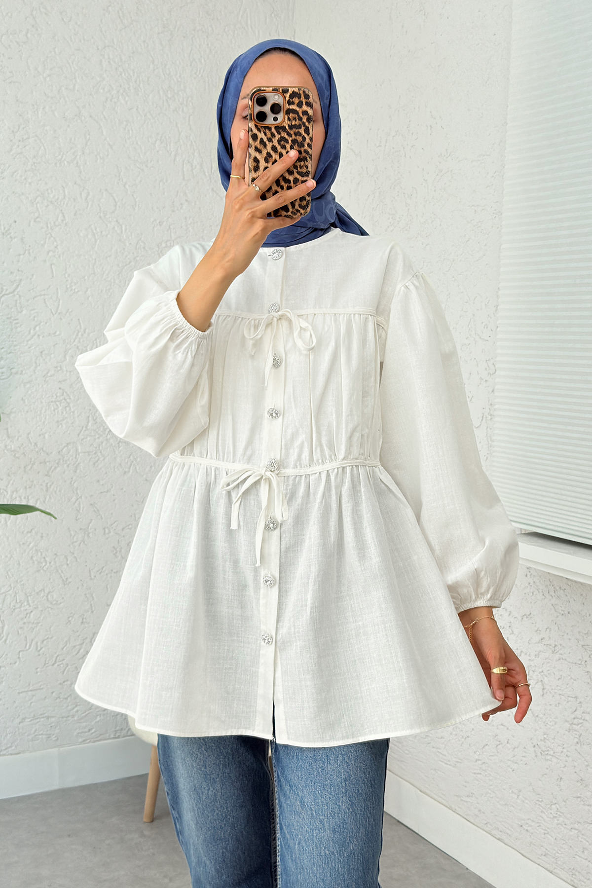 Büzgü Detaylı Bağcıklı Tunik 2366 - BEYAZ |  