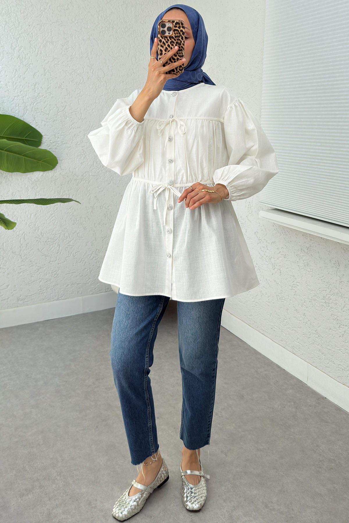 Büzgü Detaylı Bağcıklı Tunik 2366 - BEYAZ |  