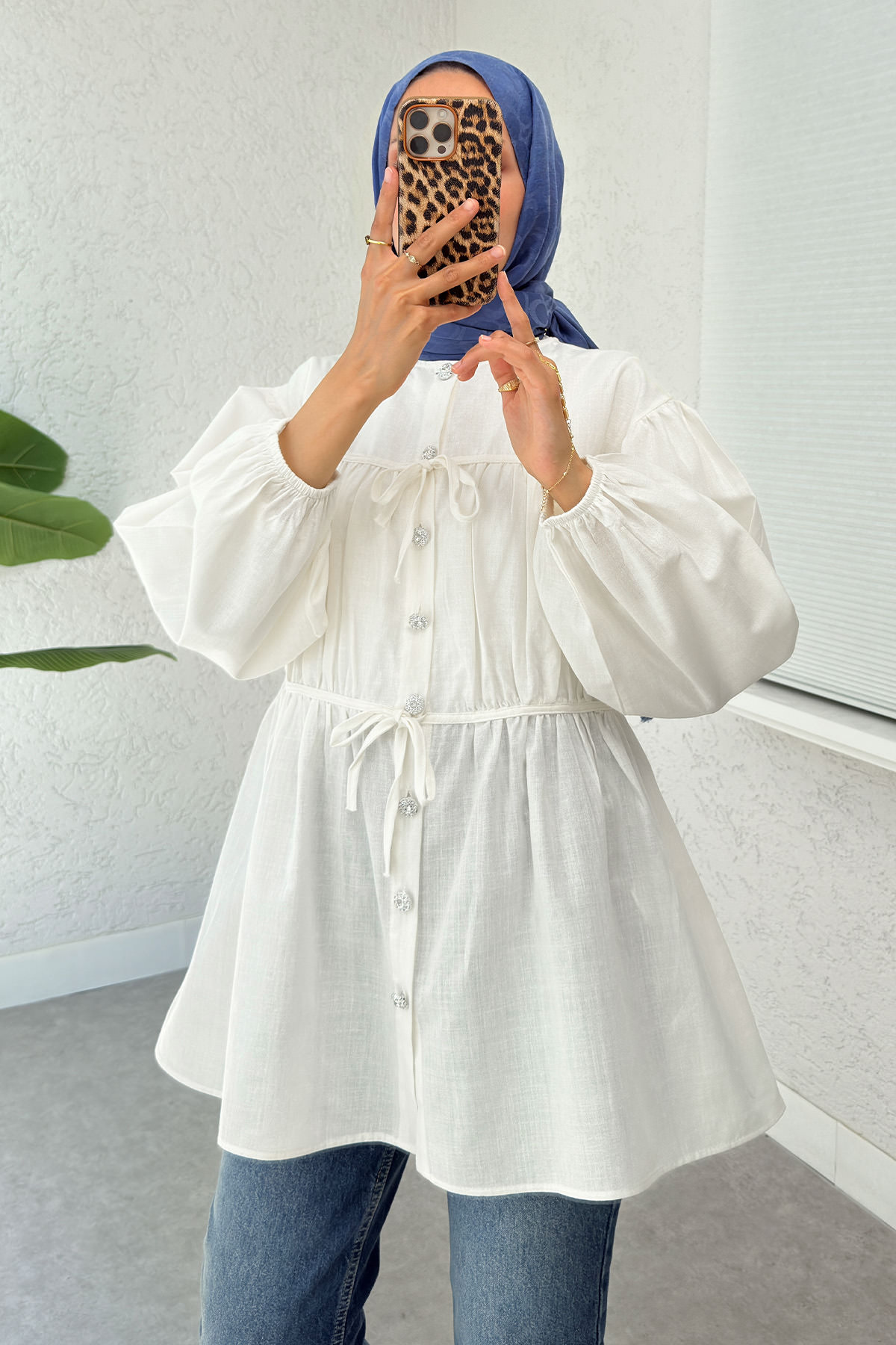 Büzgü Detaylı Bağcıklı Tunik 2366 - BEYAZ |  