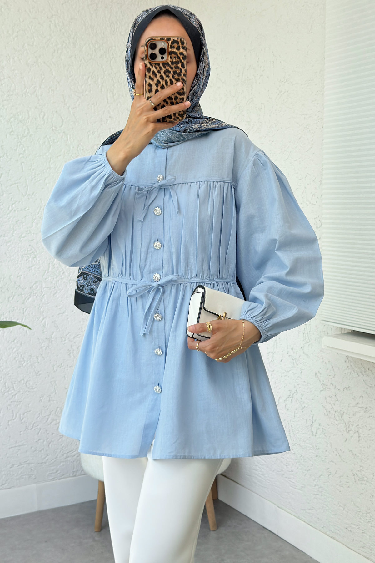 Büzgü Detaylı Bağcıklı Tunik 2366 - BEBE MAVİSİ |  