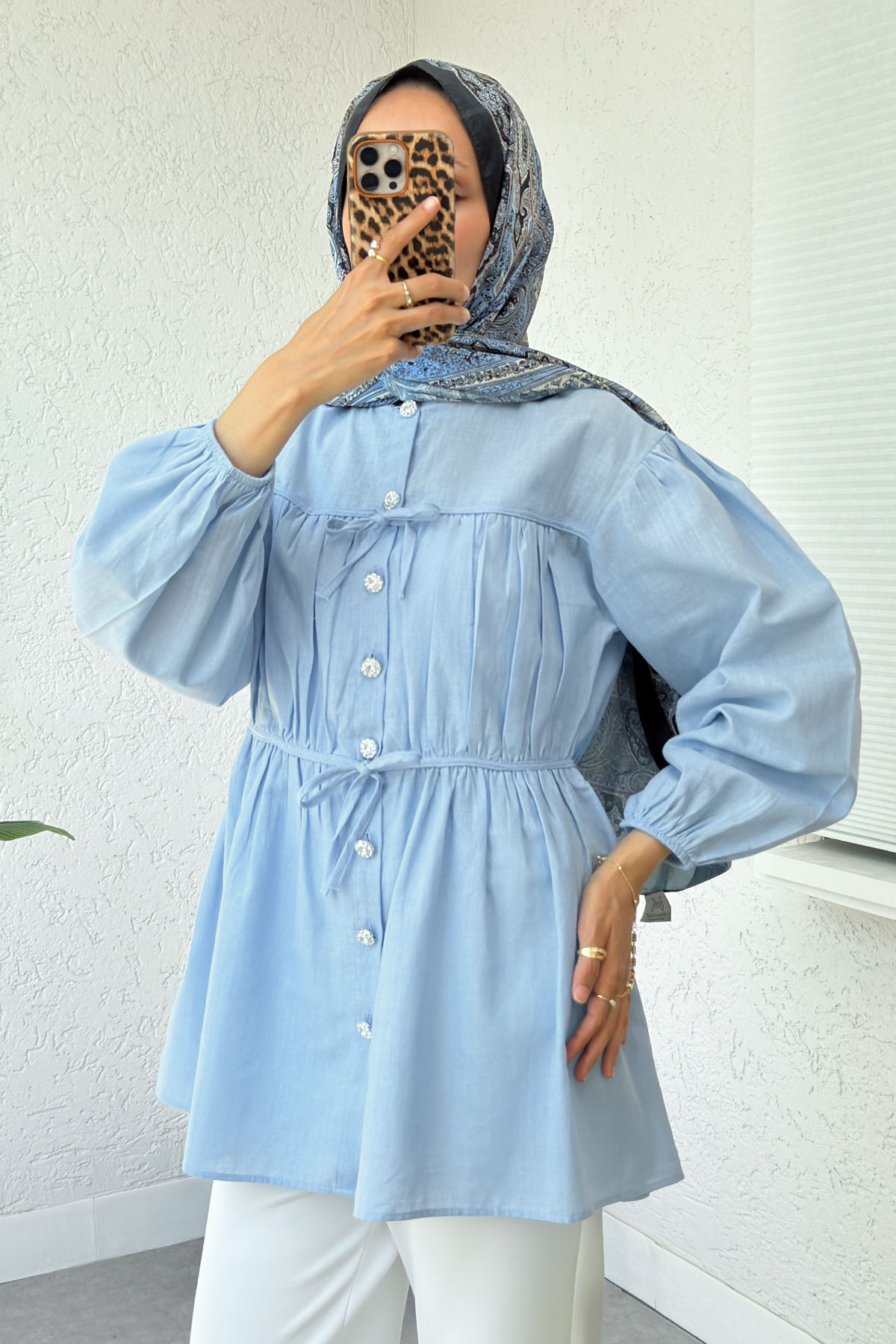 Büzgü Detaylı Bağcıklı Tunik 2366 - BEBE MAVİSİ |  