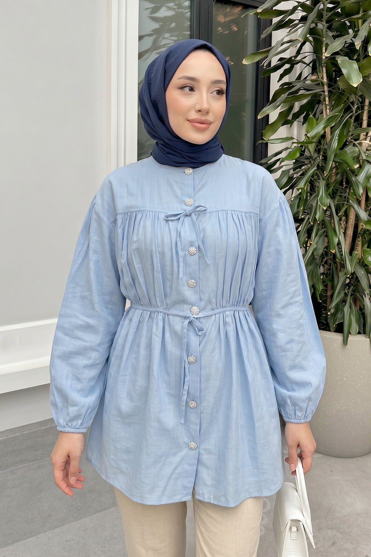 Büzgü Detaylı Bağcıklı Tunik 2366 - BEBE MAVİSİ |  