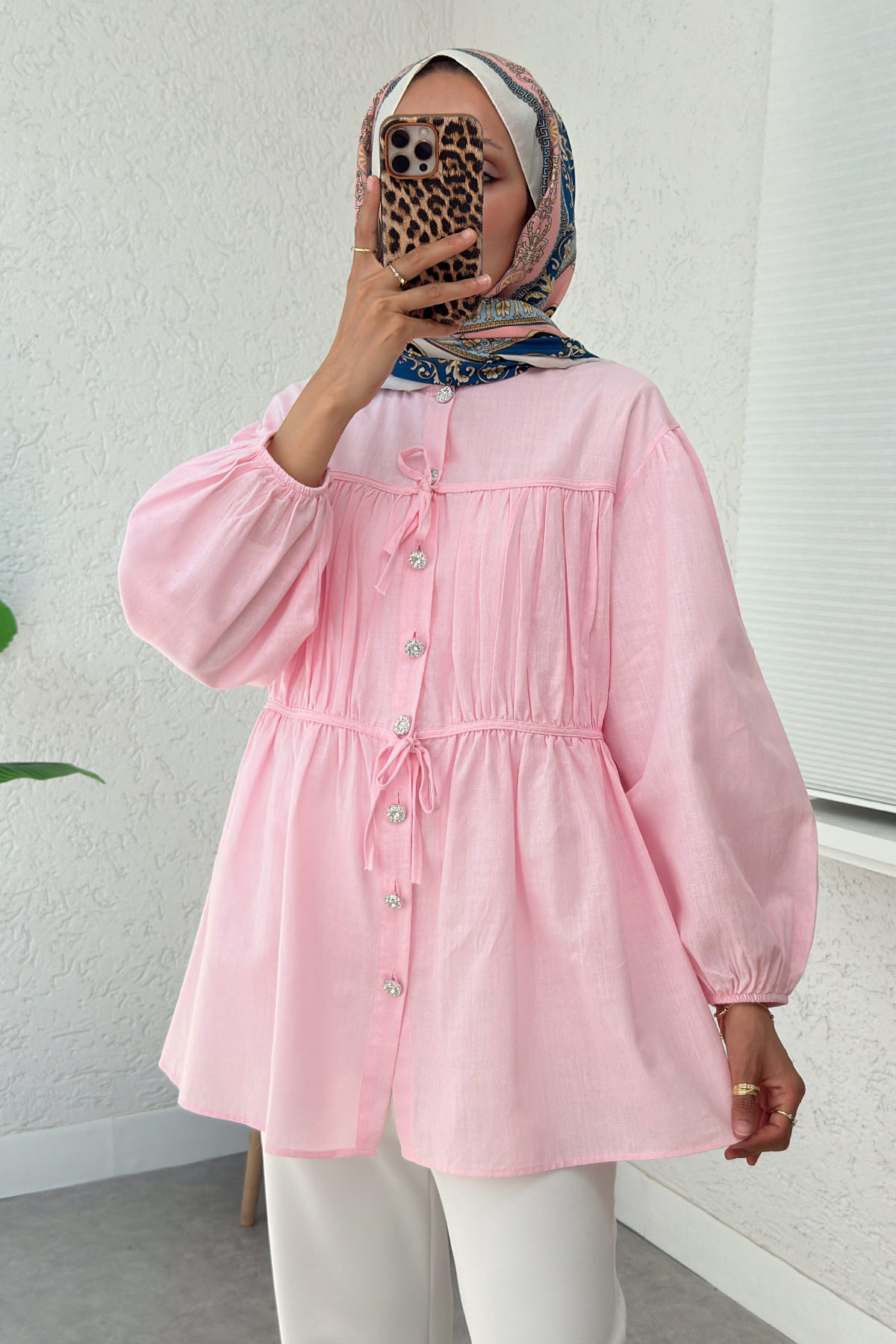 Büzgü Detaylı Bağcıklı Tunik 2366 - PEMBE |  