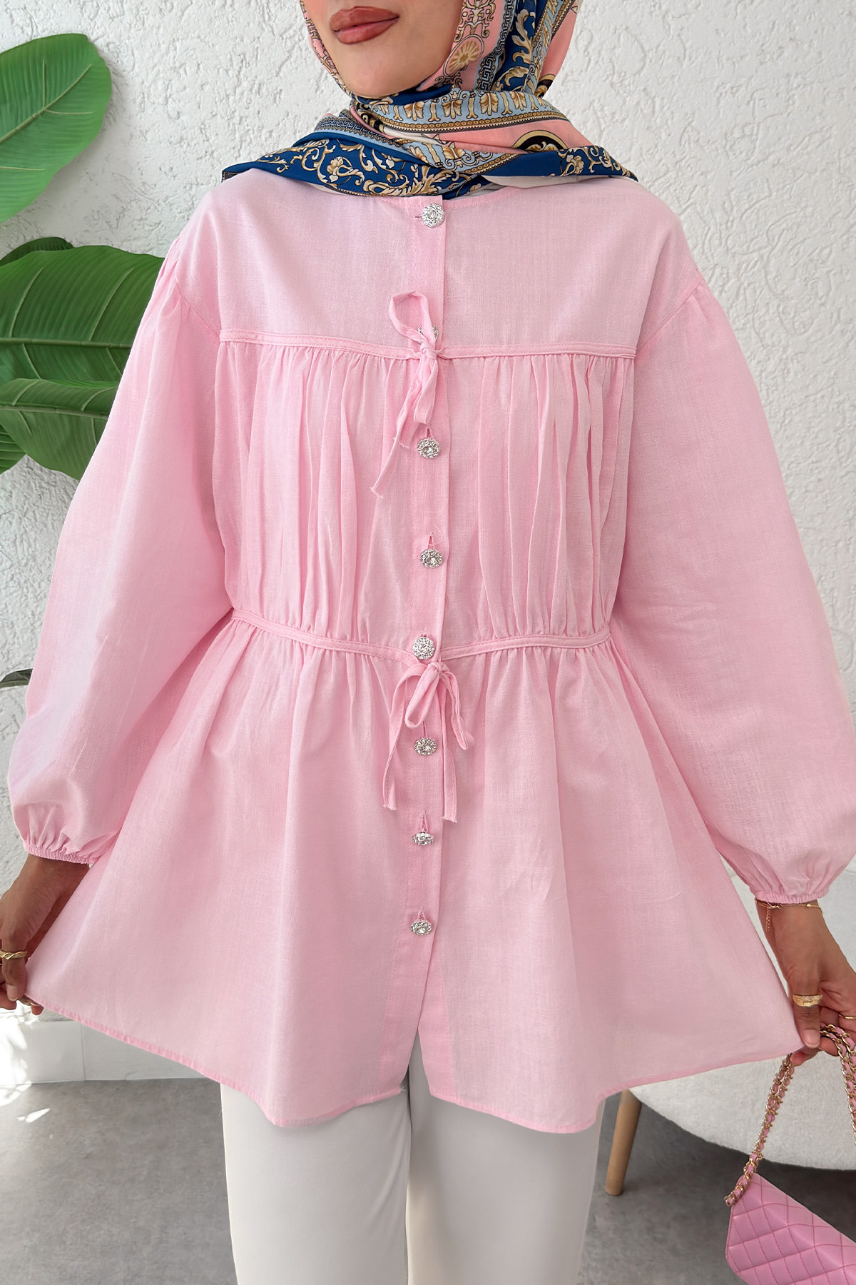 Büzgü Detaylı Bağcıklı Tunik 2366 - PEMBE |  