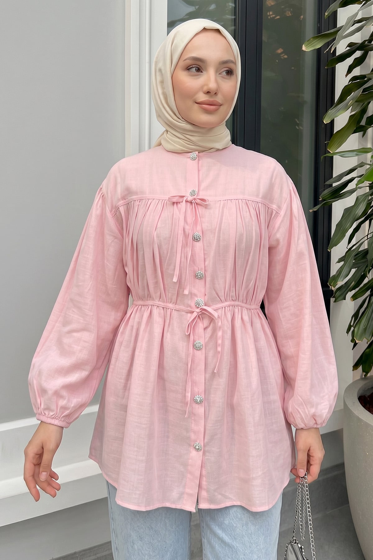Büzgü Detaylı Bağcıklı Tunik 2366 - PEMBE |  