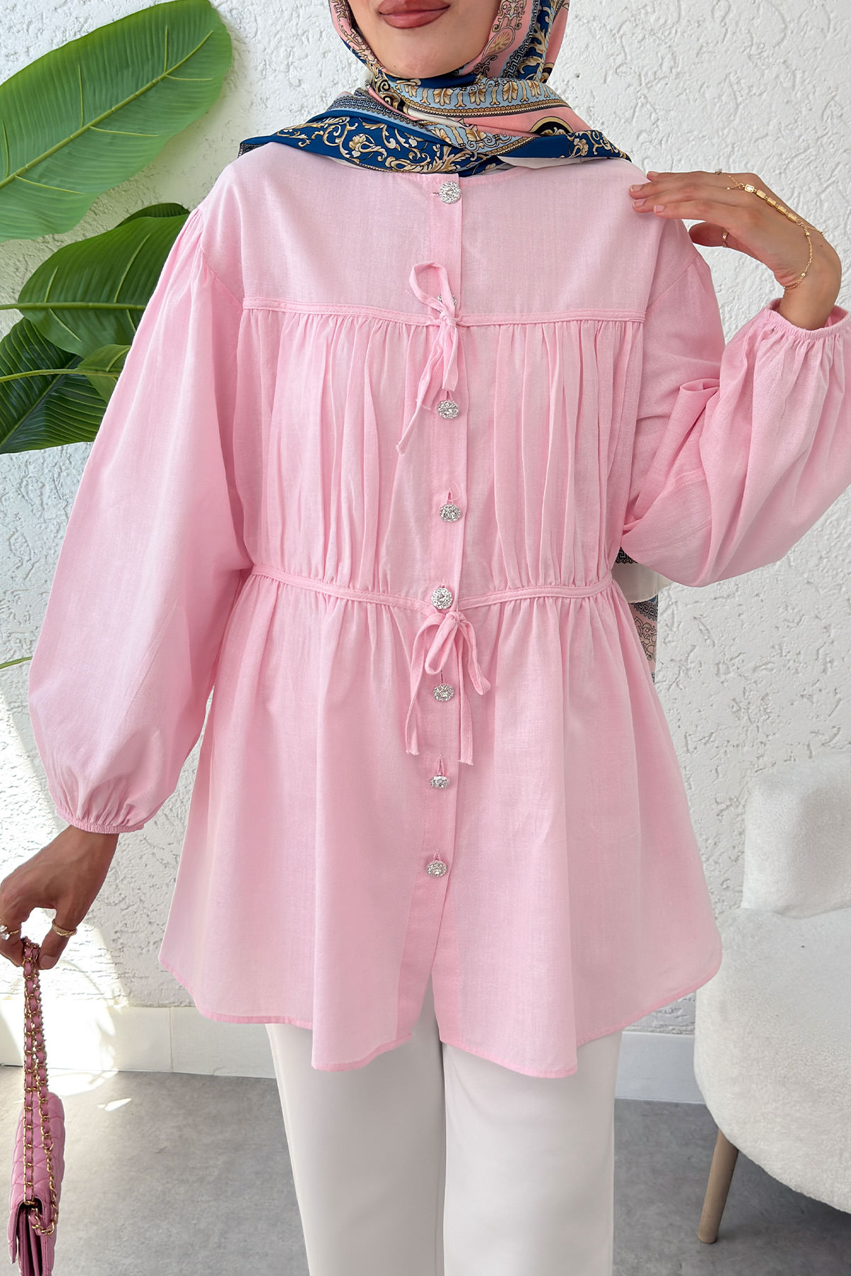 Büzgü Detaylı Bağcıklı Tunik 2366 - PEMBE |  