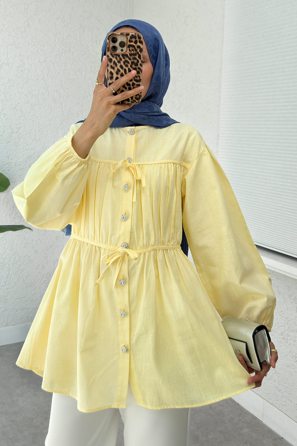 Büzgü Detaylı Bağcıklı Tunik 2366 - SARI |  