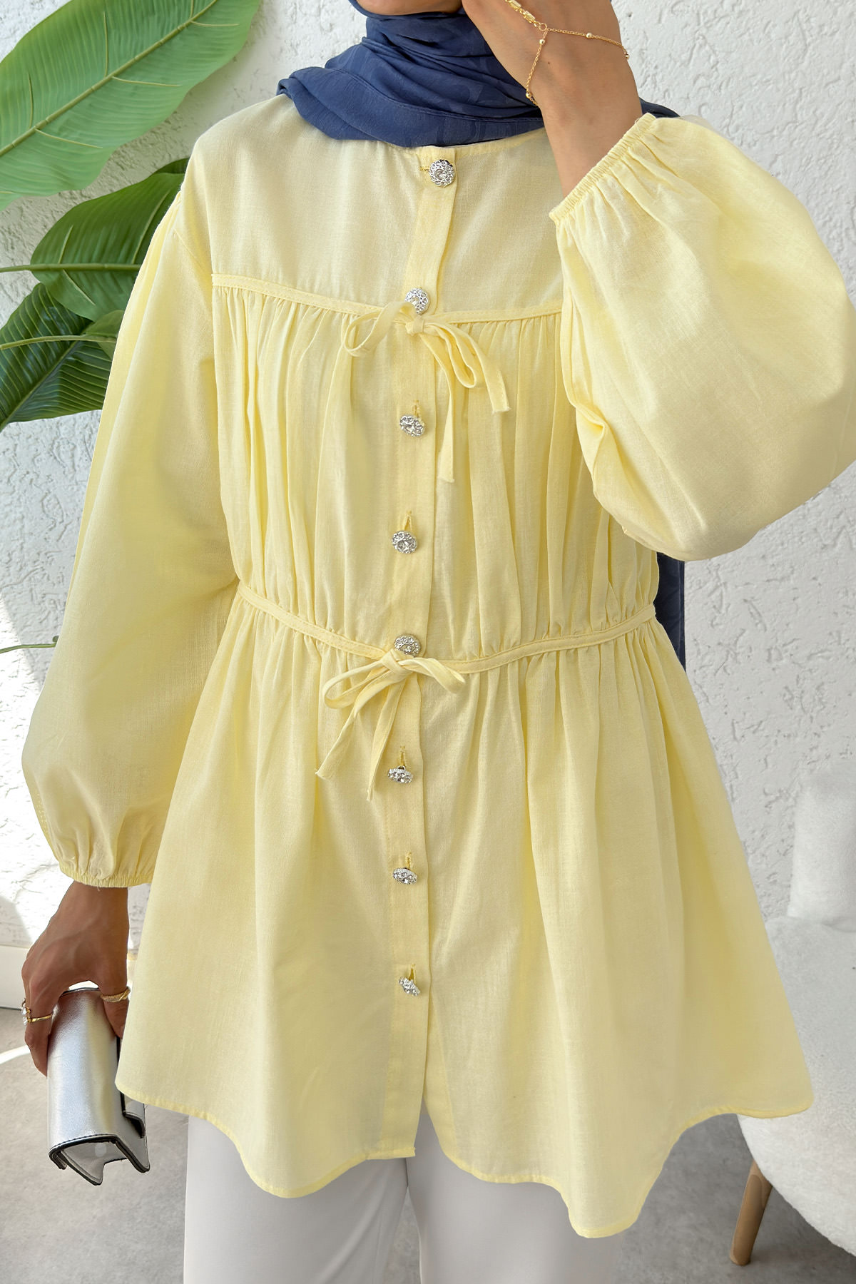 Büzgü Detaylı Bağcıklı Tunik 2366 - SARI |  