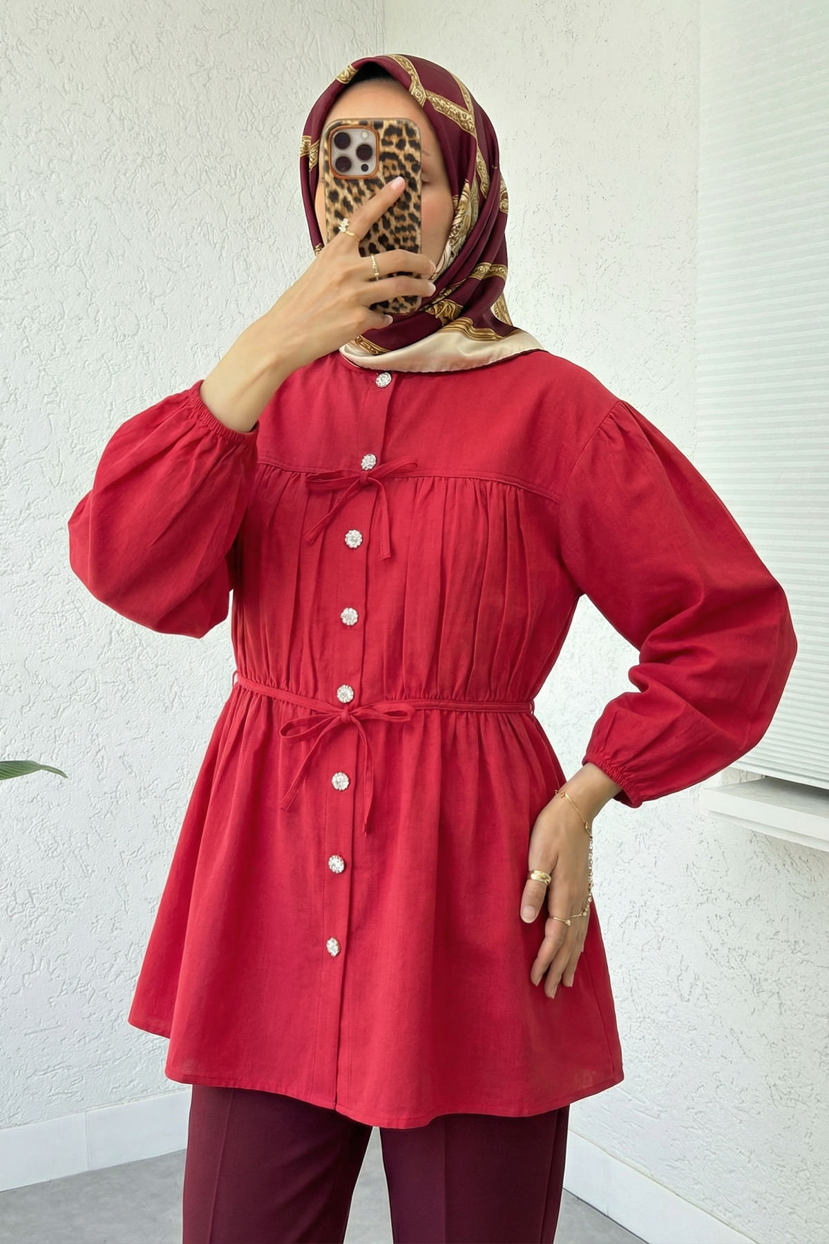 Büzgü Detaylı Bağcıklı Tunik 2366 - KIRMIZI |  