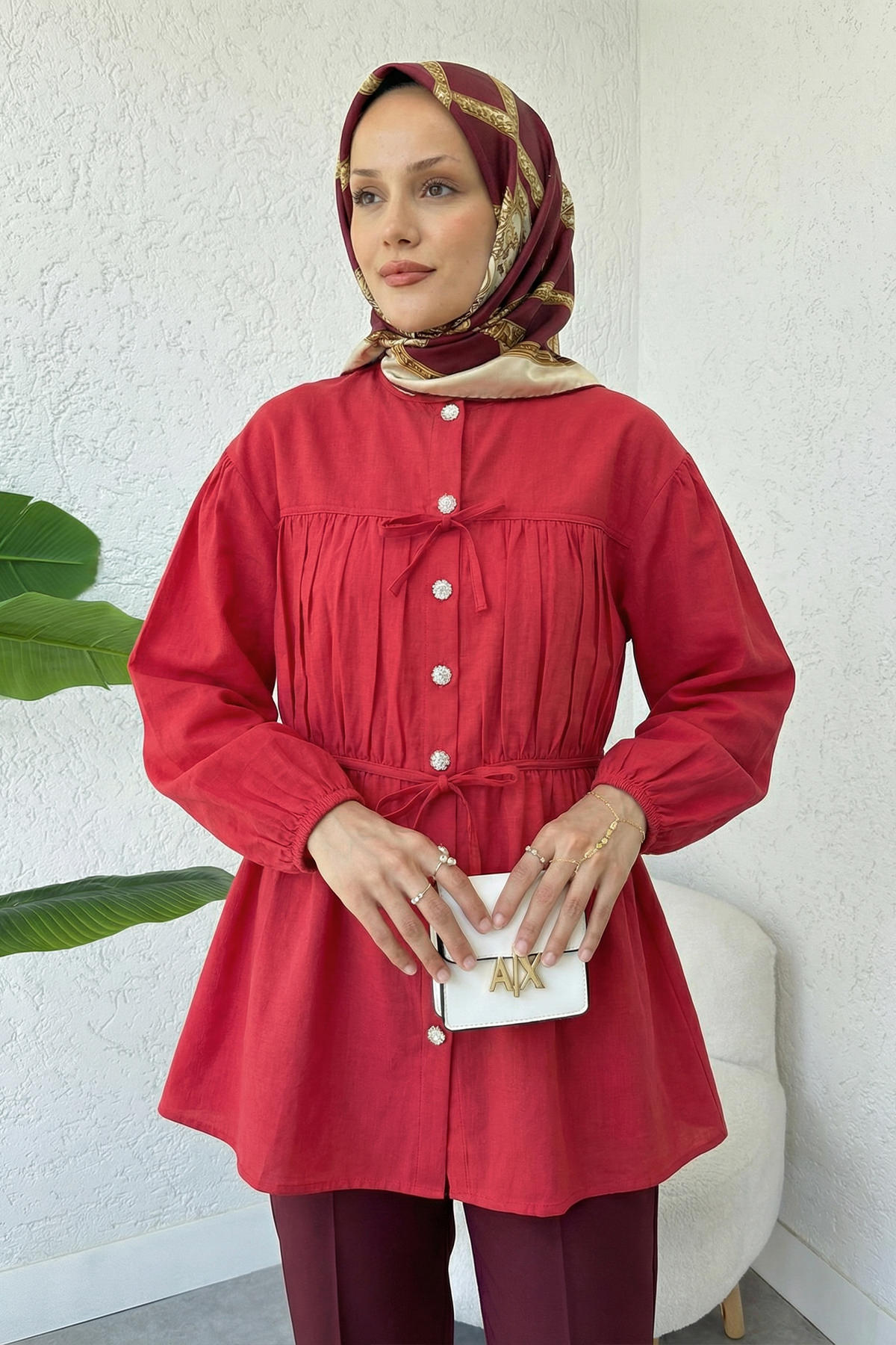 Büzgü Detaylı Bağcıklı Tunik 2366 - KIRMIZI |  