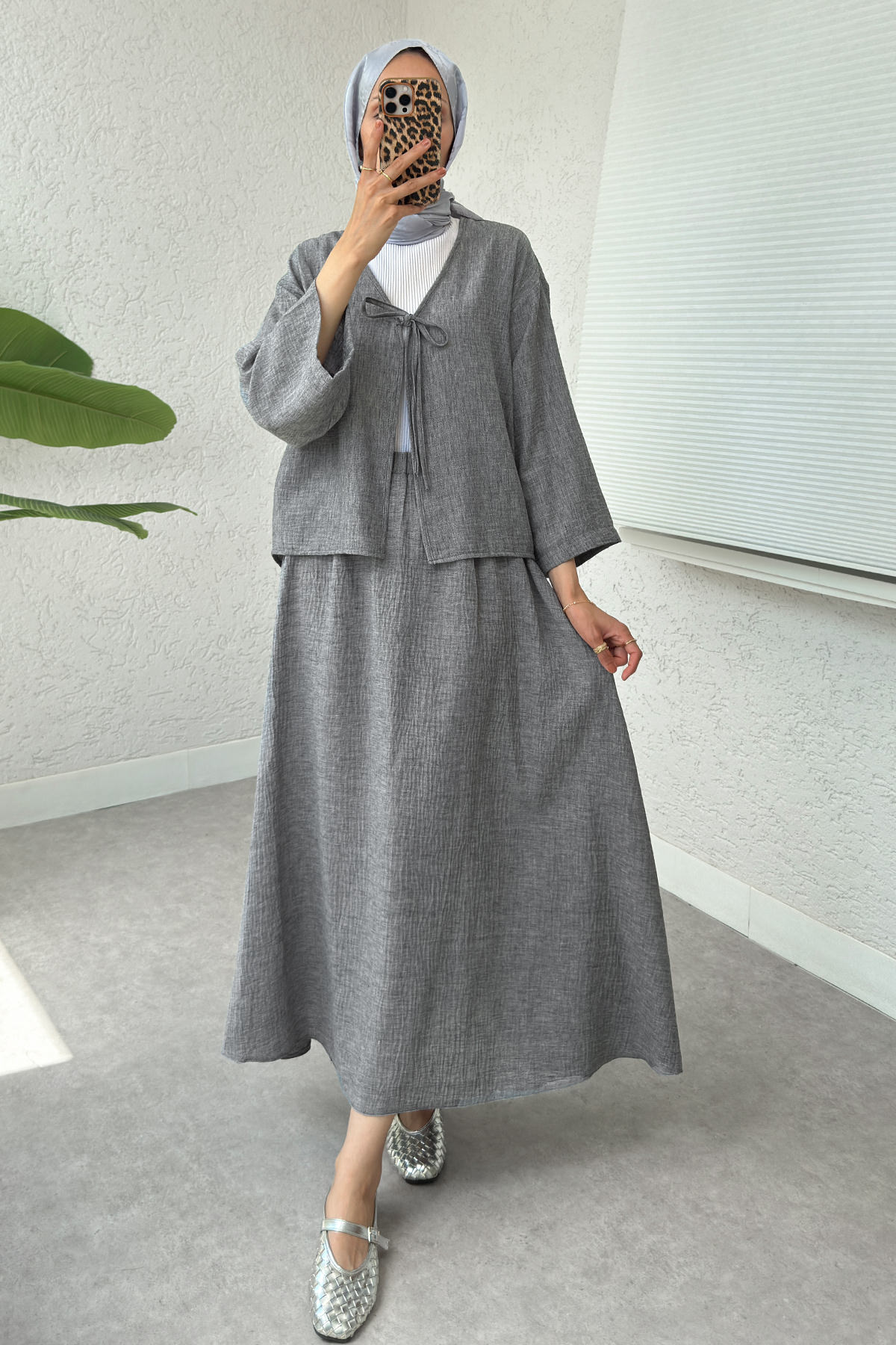 İp Bağcıklı Kimono Etek Takım 2367 - GRİ |  