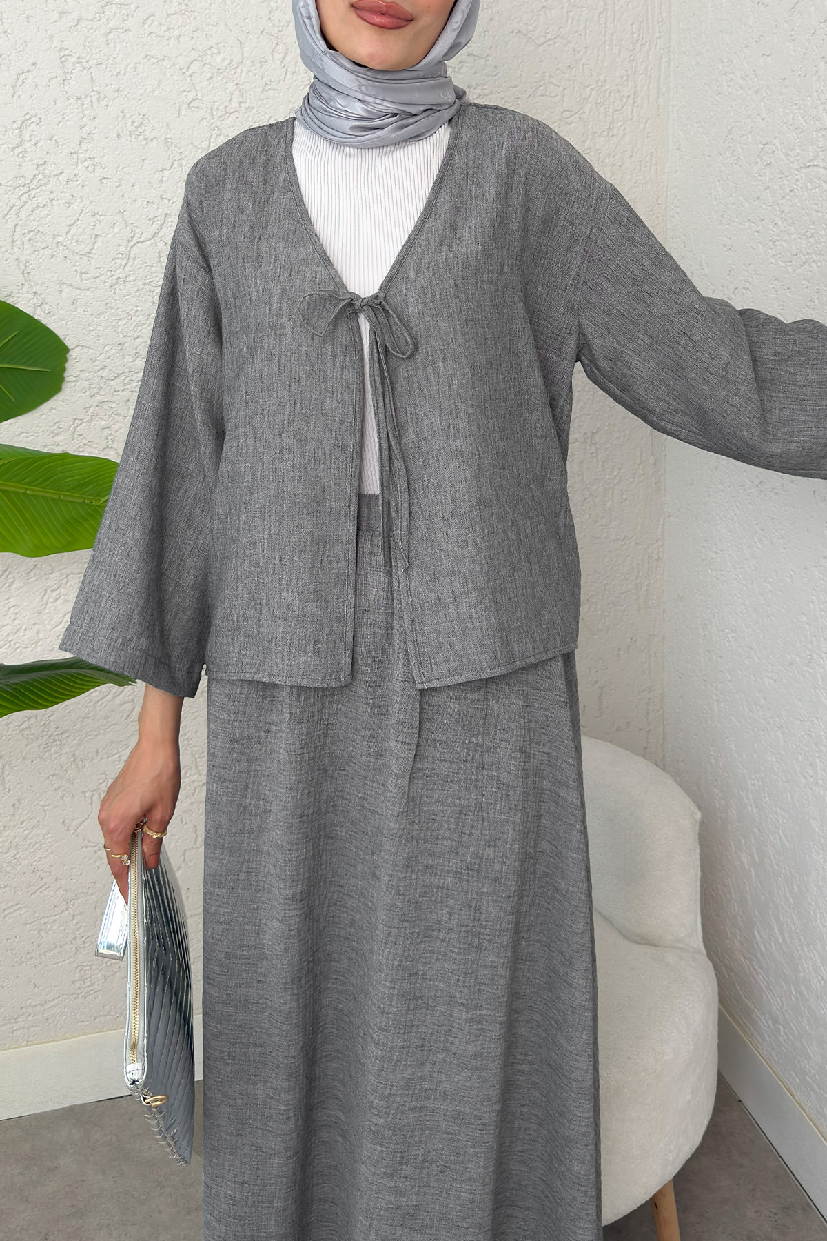 İp Bağcıklı Kimono Etek Takım 2367 - GRİ |  