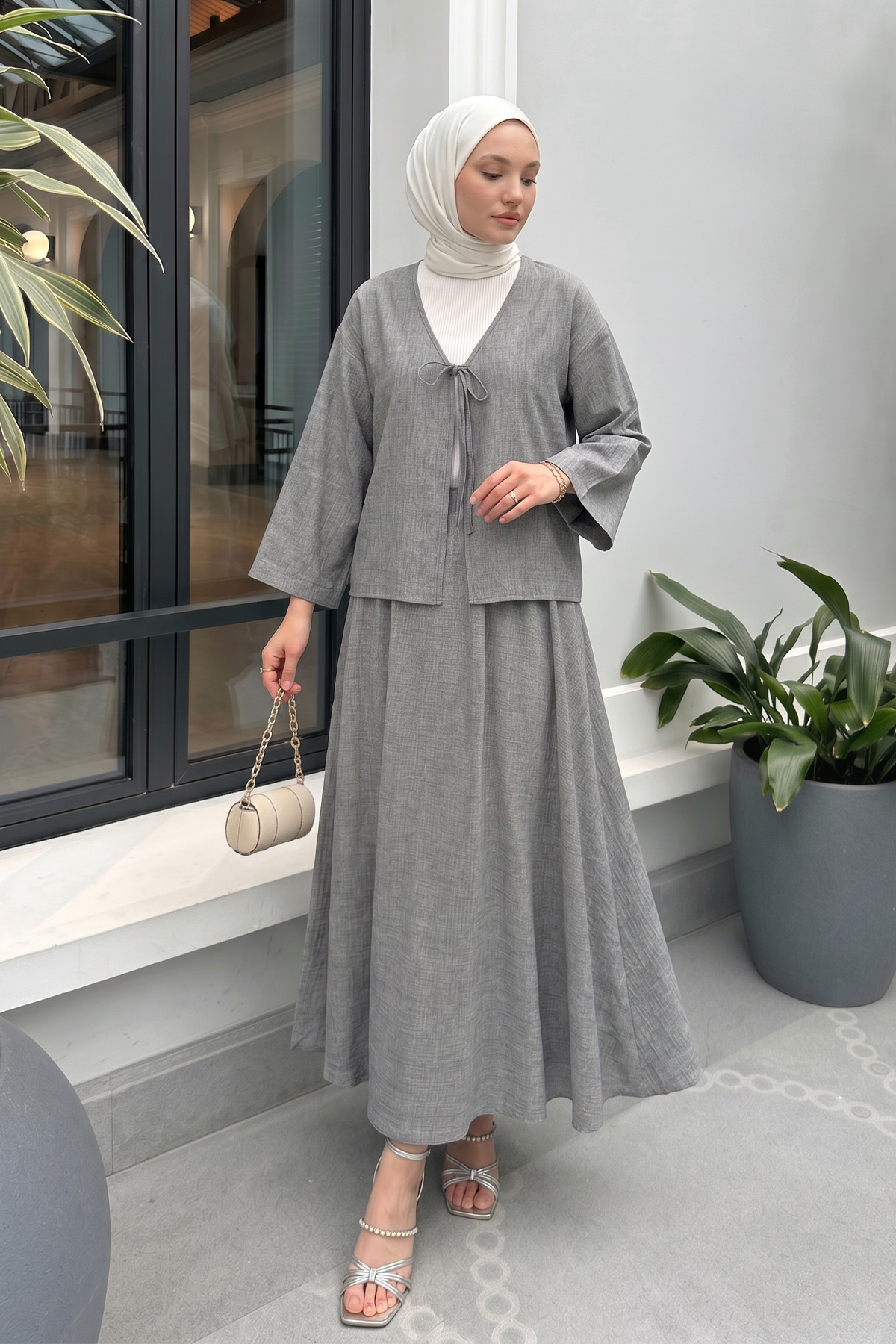 İp Bağcıklı Kimono Etek Takım 2367 - GRİ |  