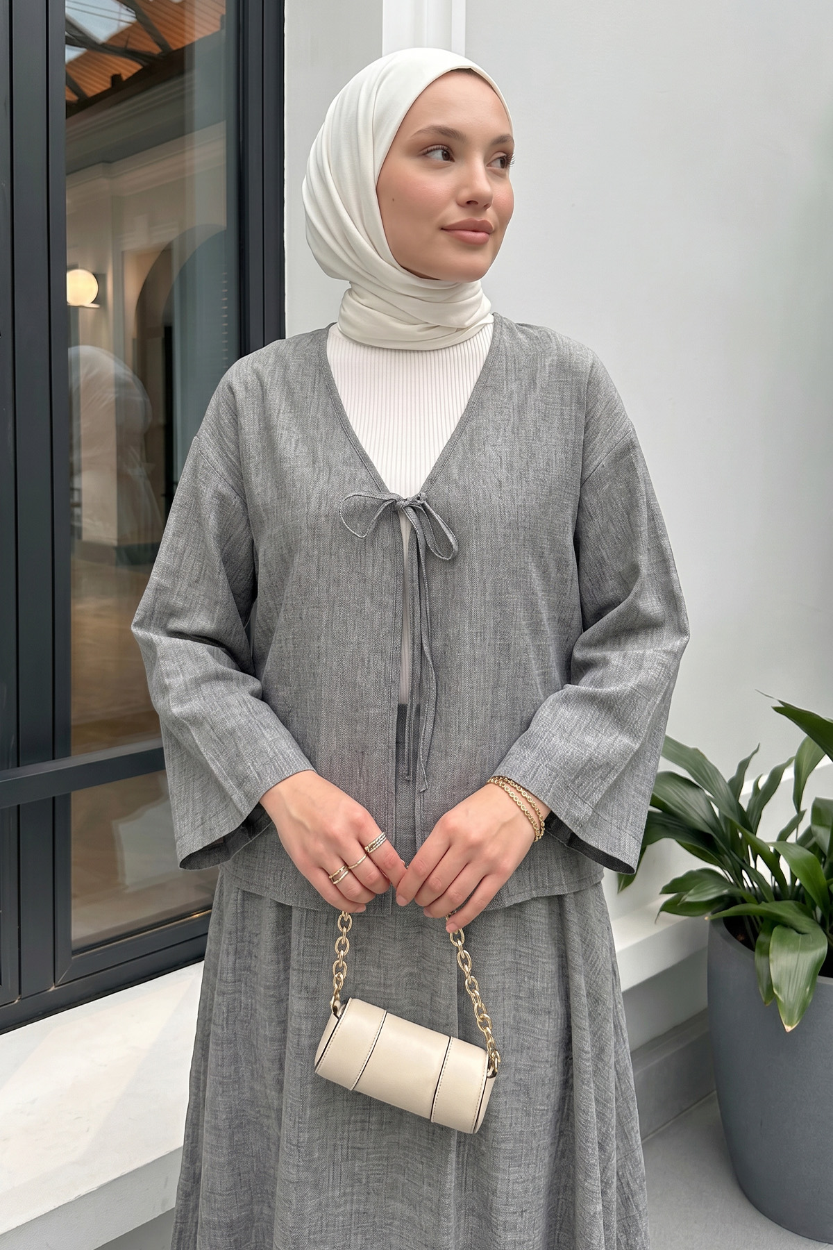 İp Bağcıklı Kimono Etek Takım 2367 - GRİ |  