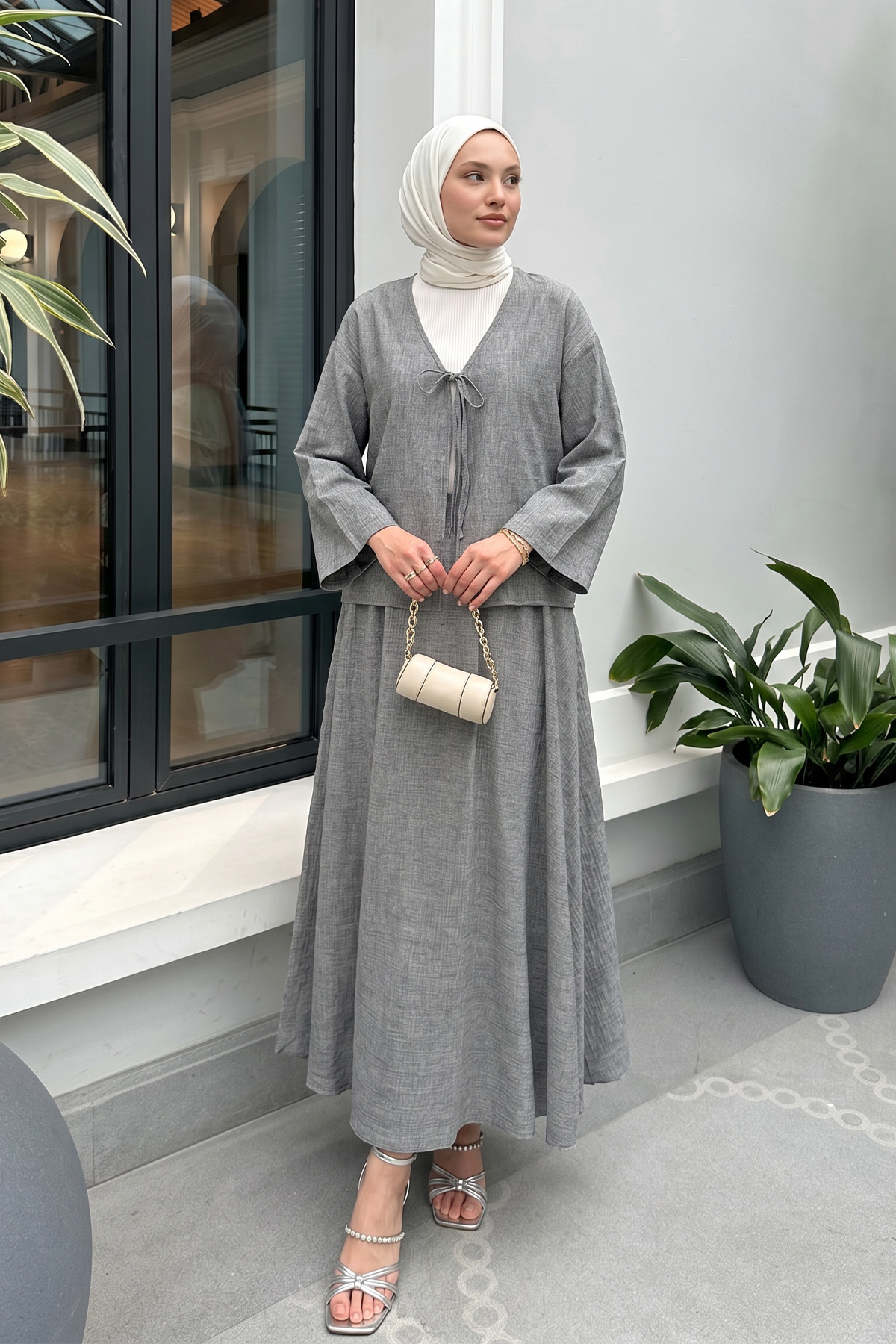 İp Bağcıklı Kimono Etek Takım 2367 - GRİ |  