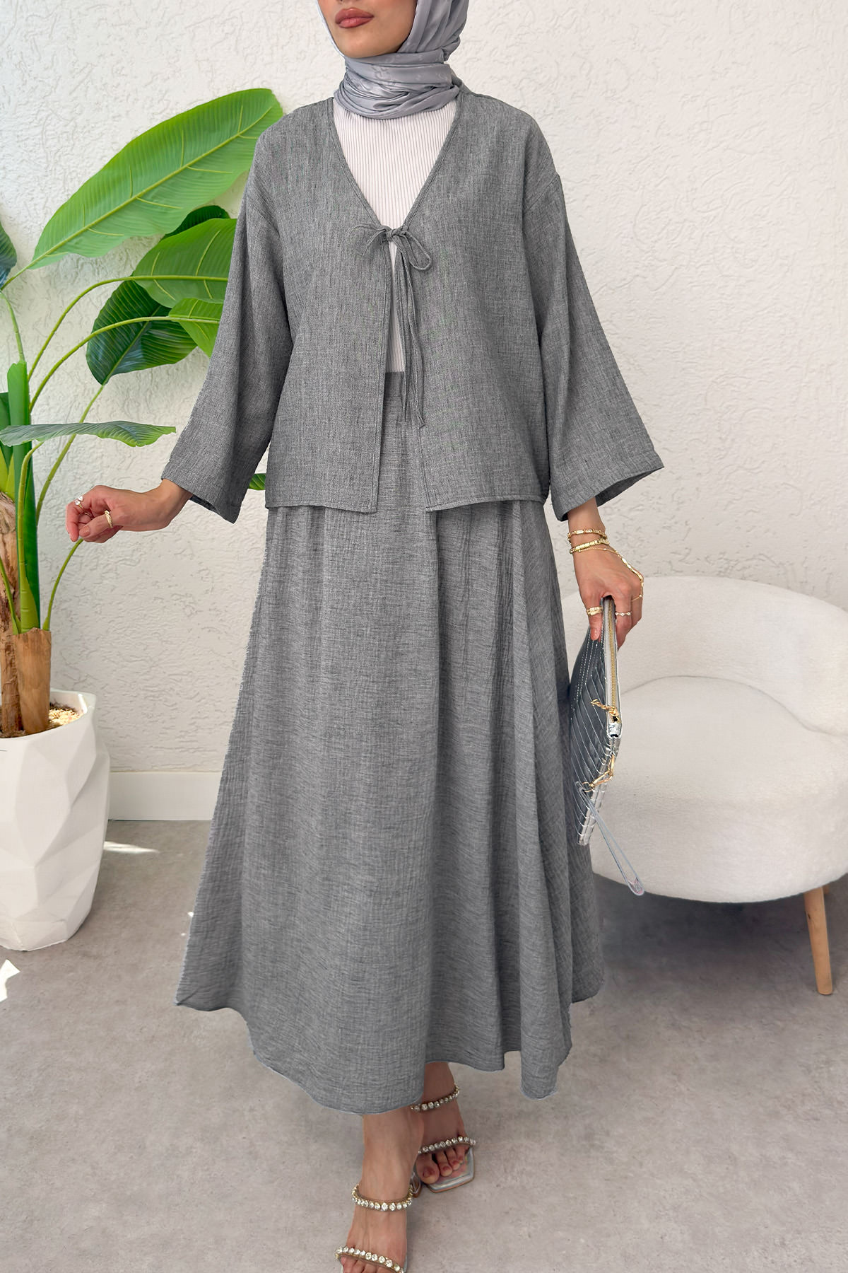 İp Bağcıklı Kimono Etek Takım 2367 - GRİ |  