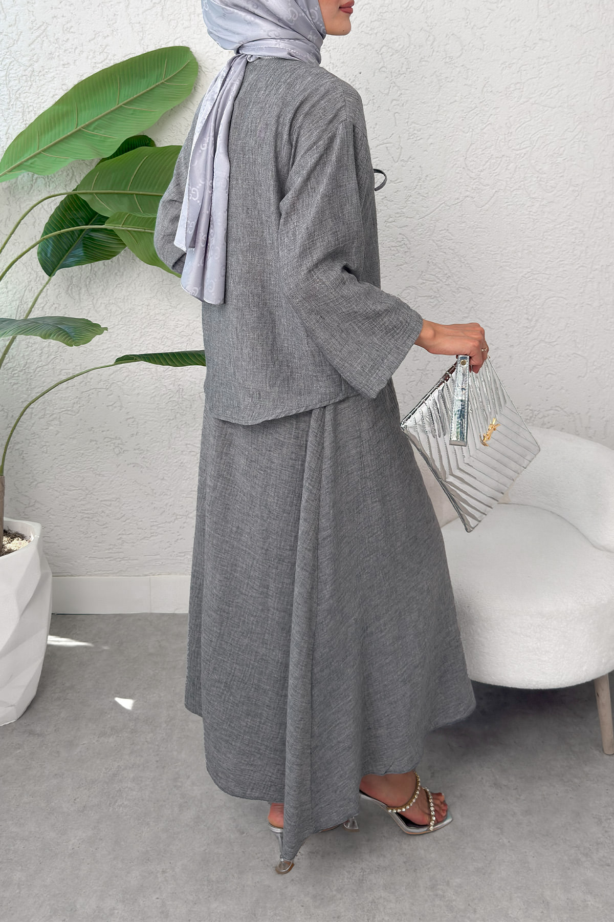 İp Bağcıklı Kimono Etek Takım 2367 - GRİ |  