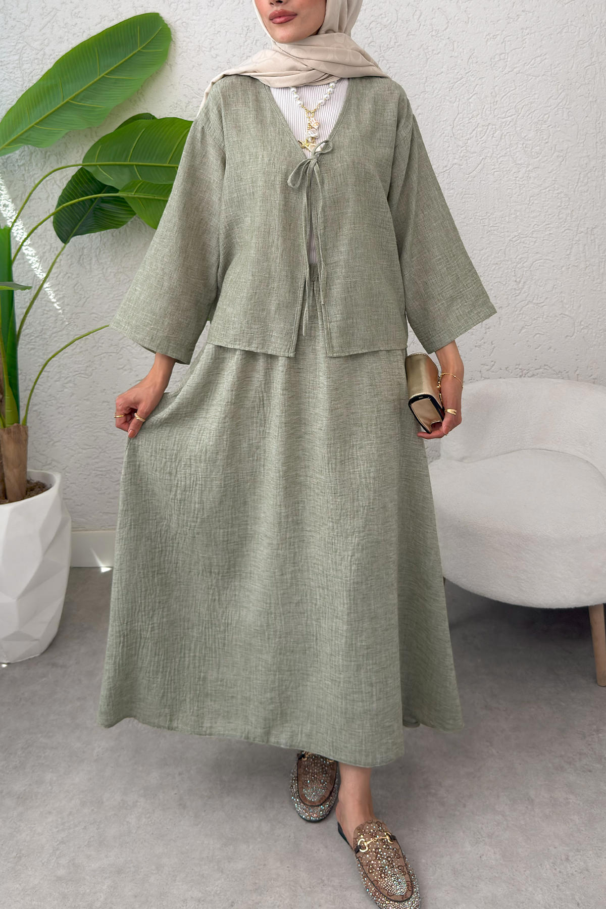 İp Bağcıklı Kimono Etek Takım 2367 - HAKİ |  