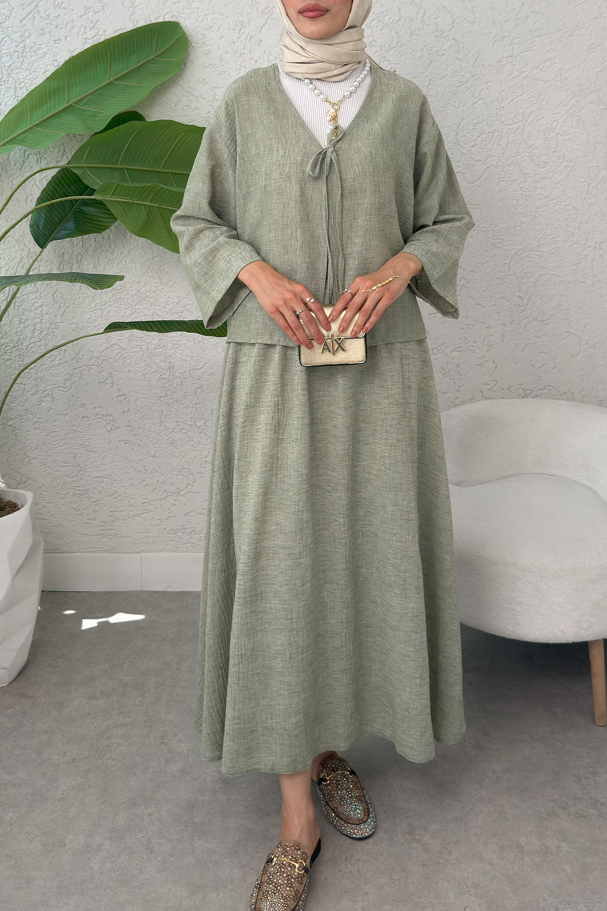 İp Bağcıklı Kimono Etek Takım 2367 - HAKİ |  