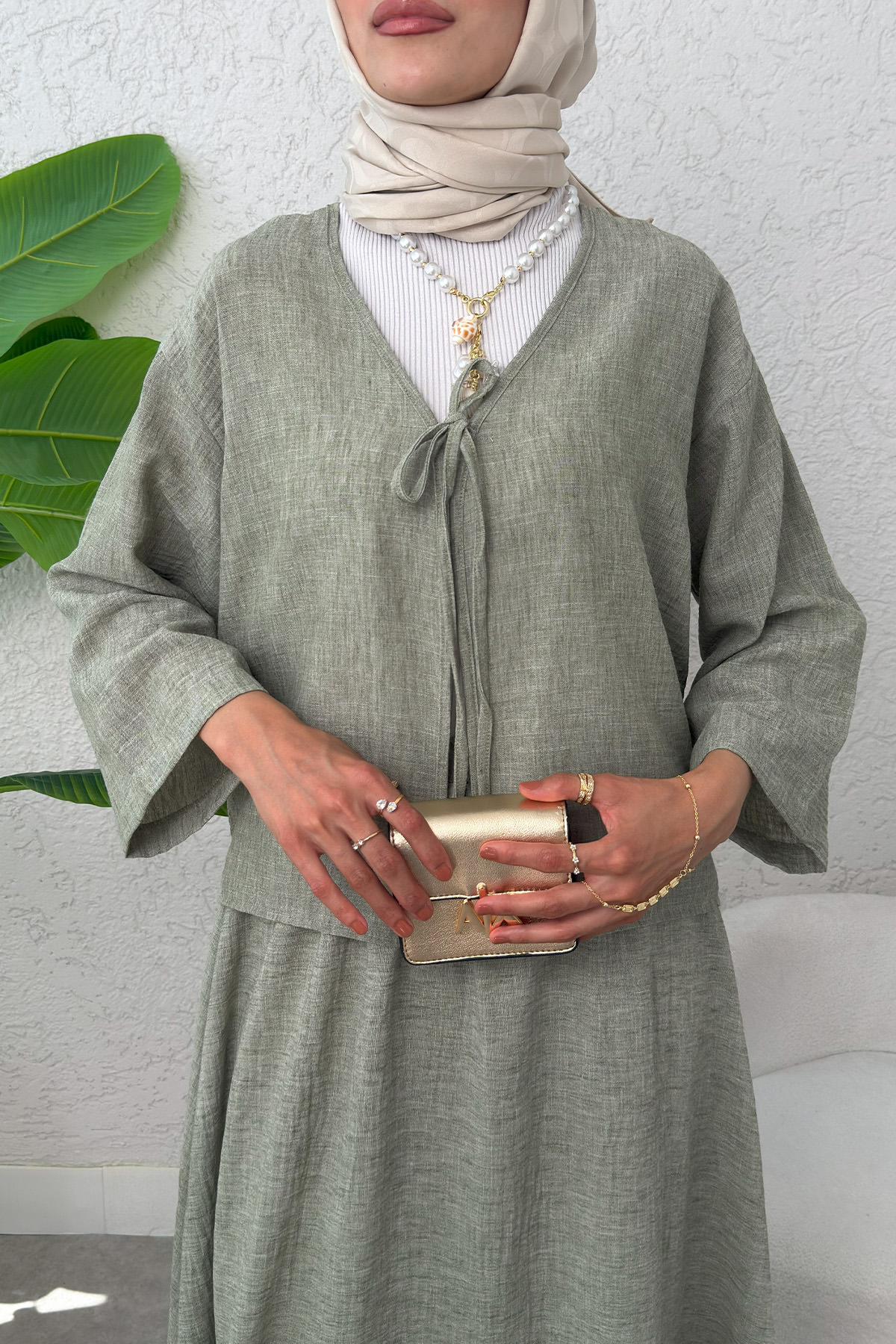 İp Bağcıklı Kimono Etek Takım 2367 - HAKİ |  