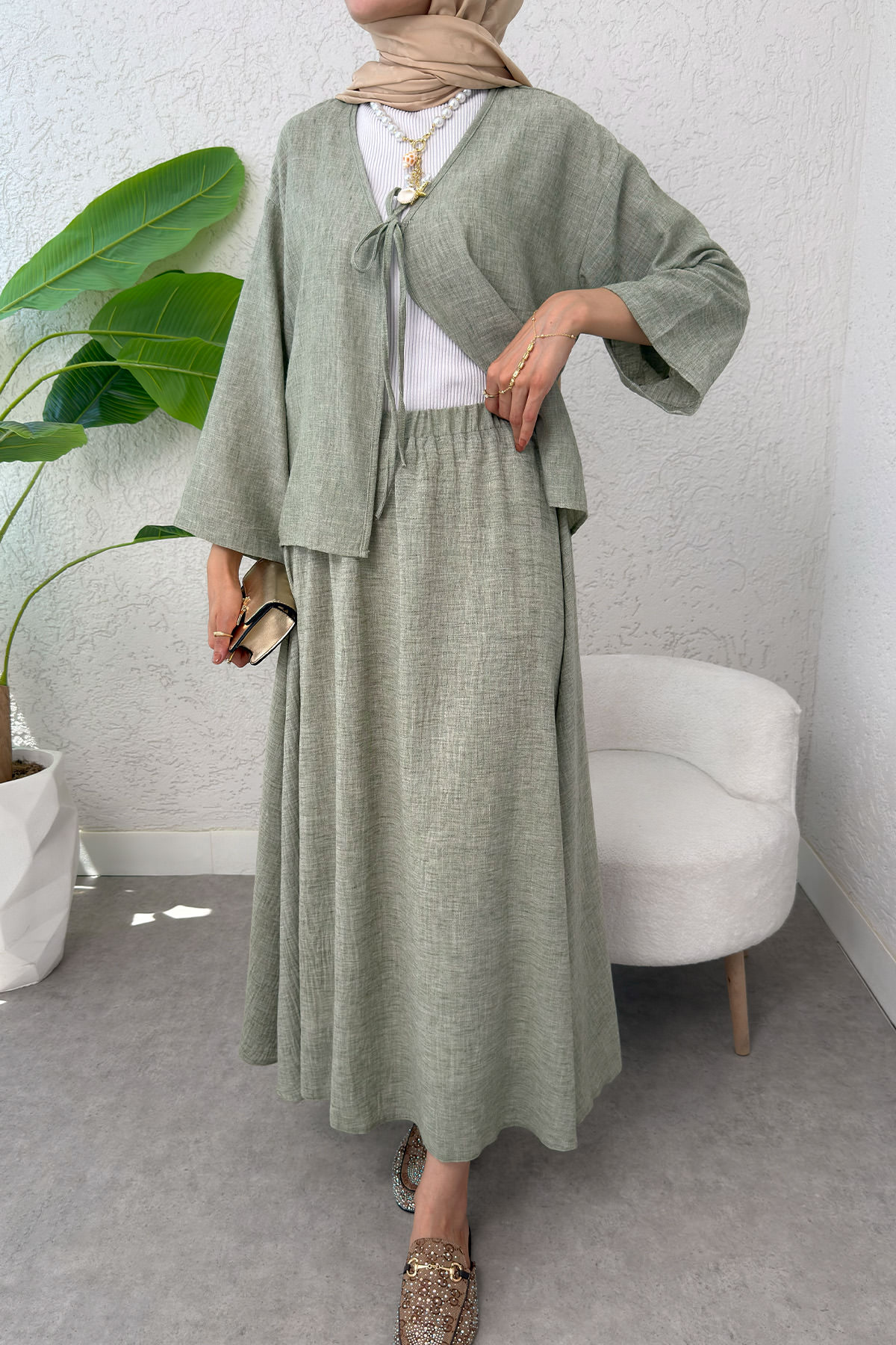 İp Bağcıklı Kimono Etek Takım 2367 - HAKİ |  