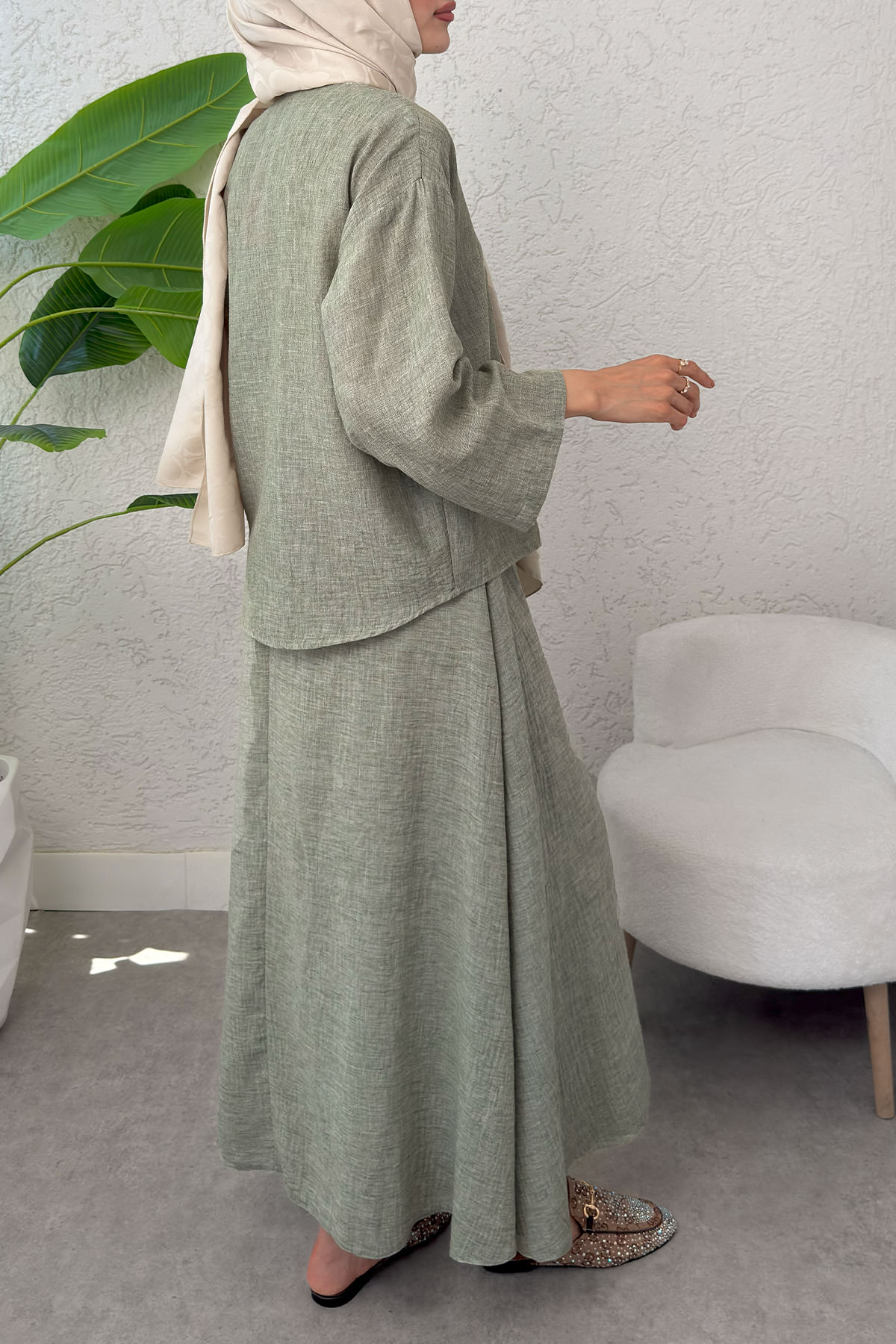 İp Bağcıklı Kimono Etek Takım 2367 - HAKİ |  