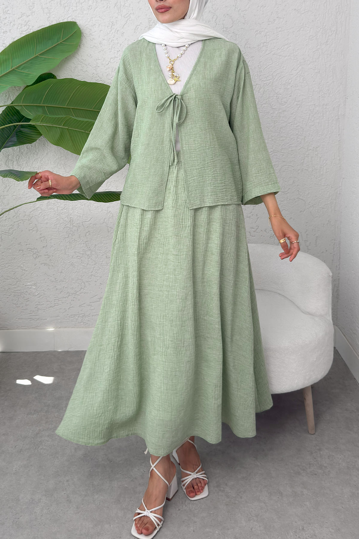 İp Bağcıklı Kimono Etek Takım 2367 - SU YEŞİLİ |  