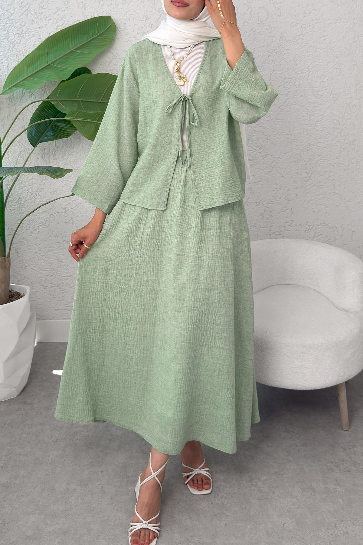 İp Bağcıklı Kimono Etek Takım 2367 - SU YEŞİLİ |  