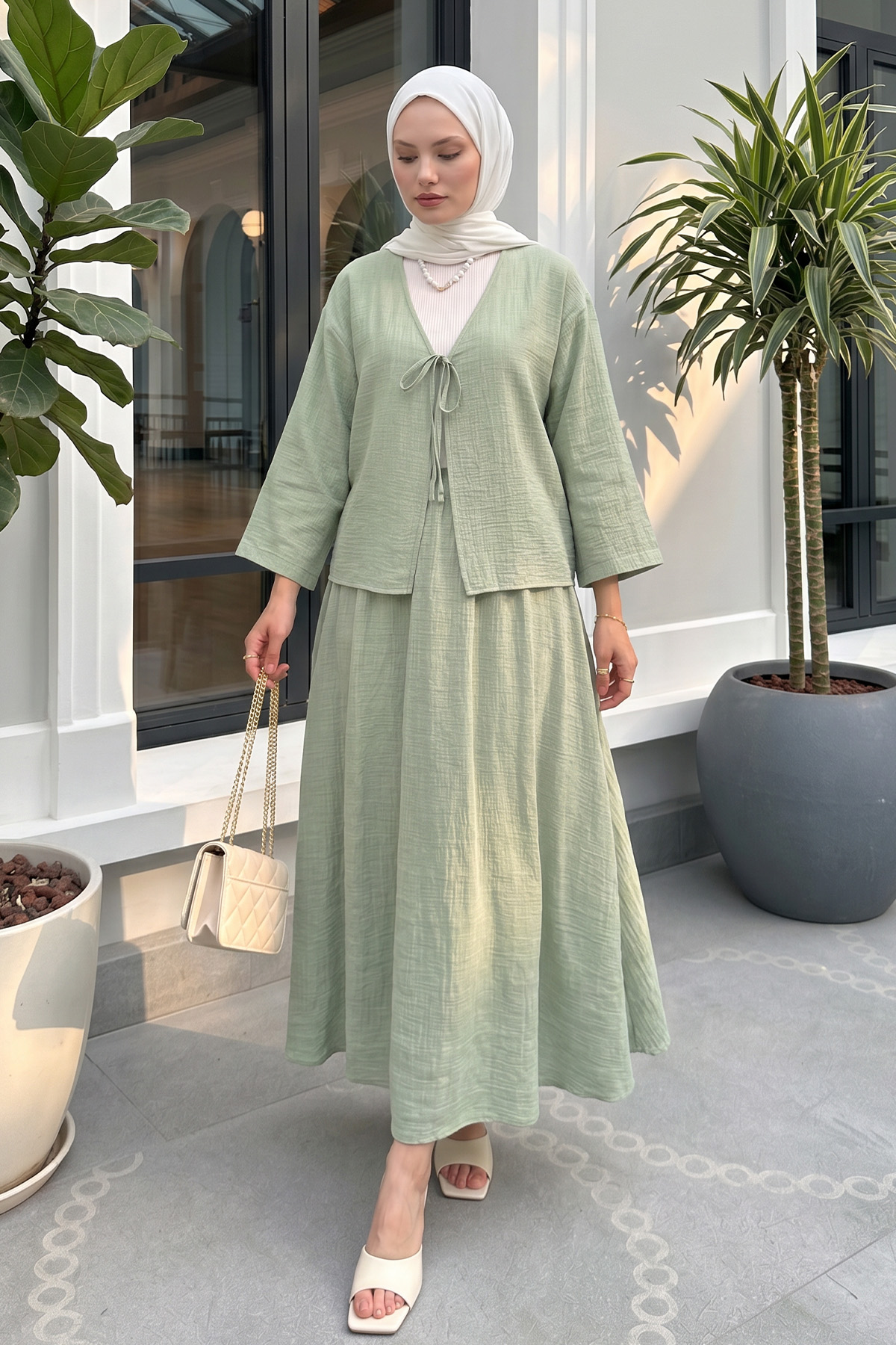 İp Bağcıklı Kimono Etek Takım 2367 - SU YEŞİLİ |  