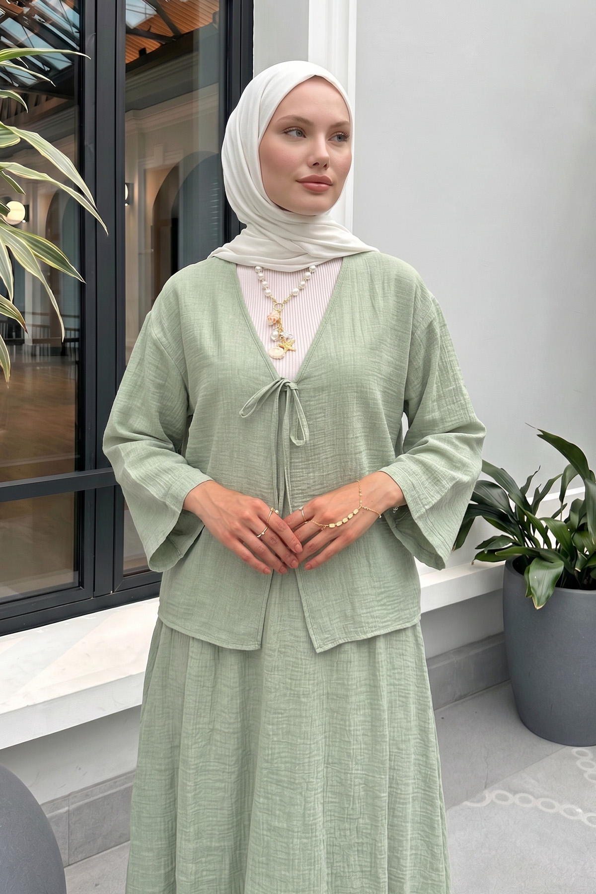 İp Bağcıklı Kimono Etek Takım 2367 - SU YEŞİLİ |  