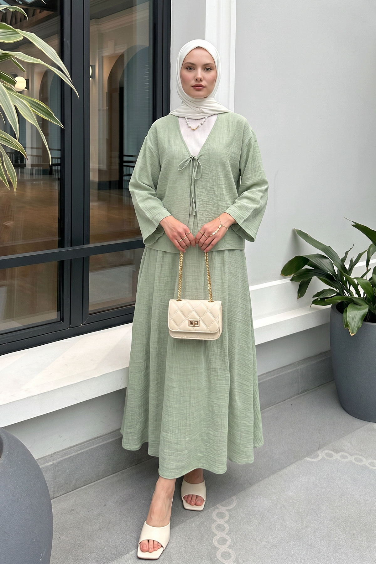 İp Bağcıklı Kimono Etek Takım 2367 - SU YEŞİLİ |  
