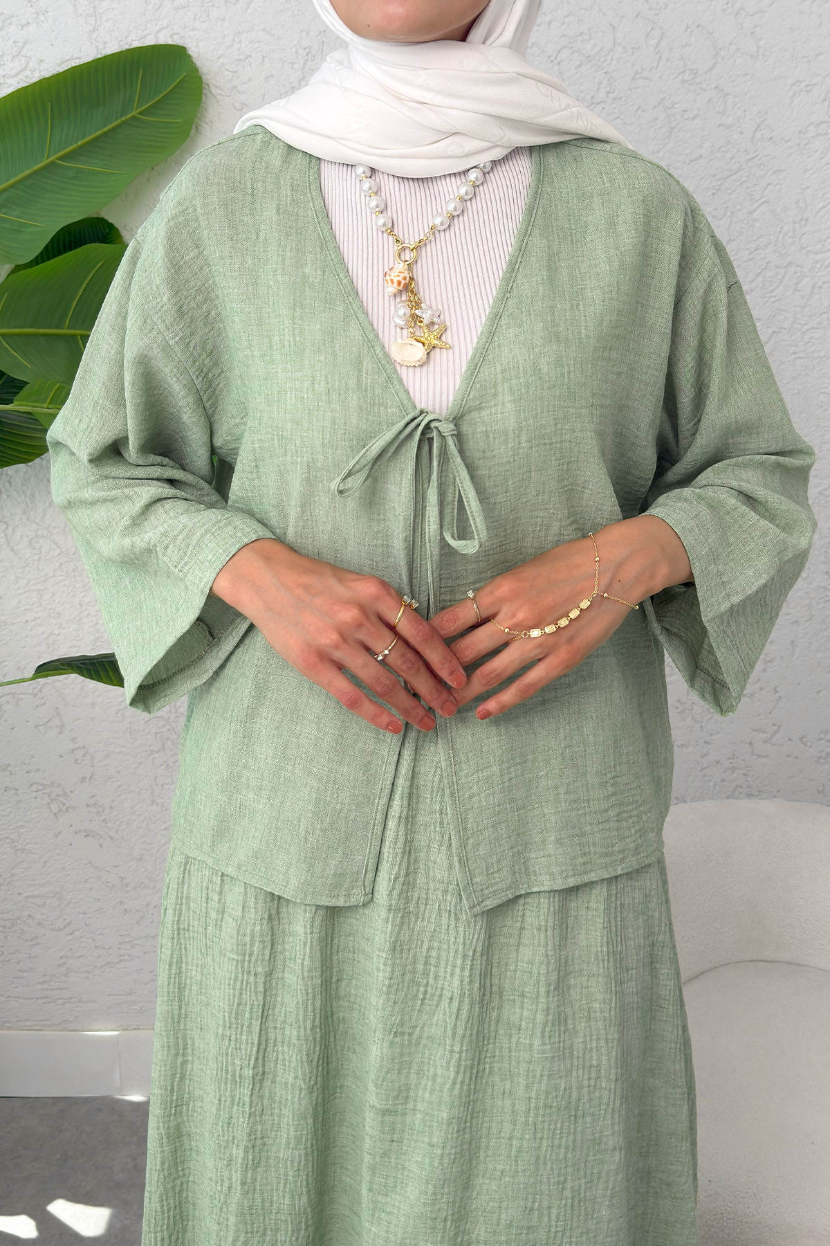 İp Bağcıklı Kimono Etek Takım 2367 - SU YEŞİLİ |  