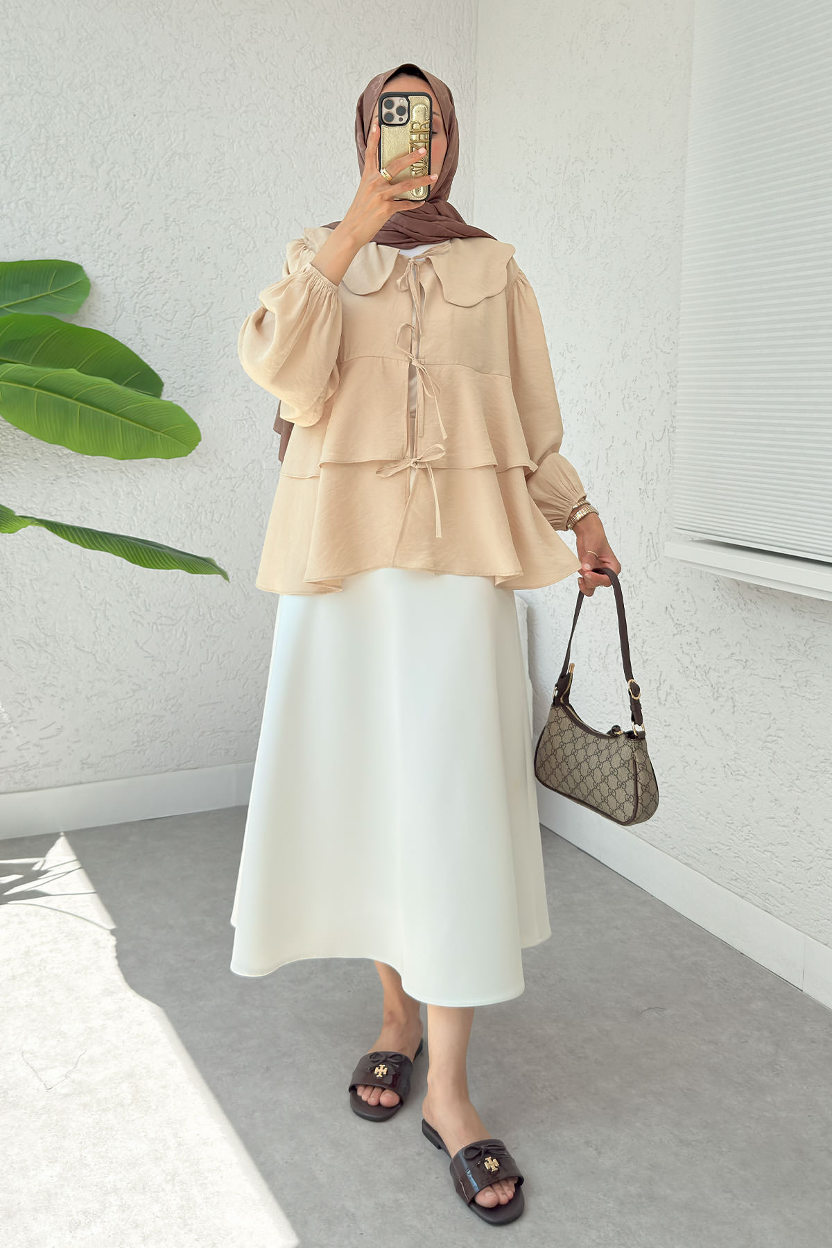 Balon Kol Bebe Yaka Tunik 2370 - TAŞ RENGİ |  