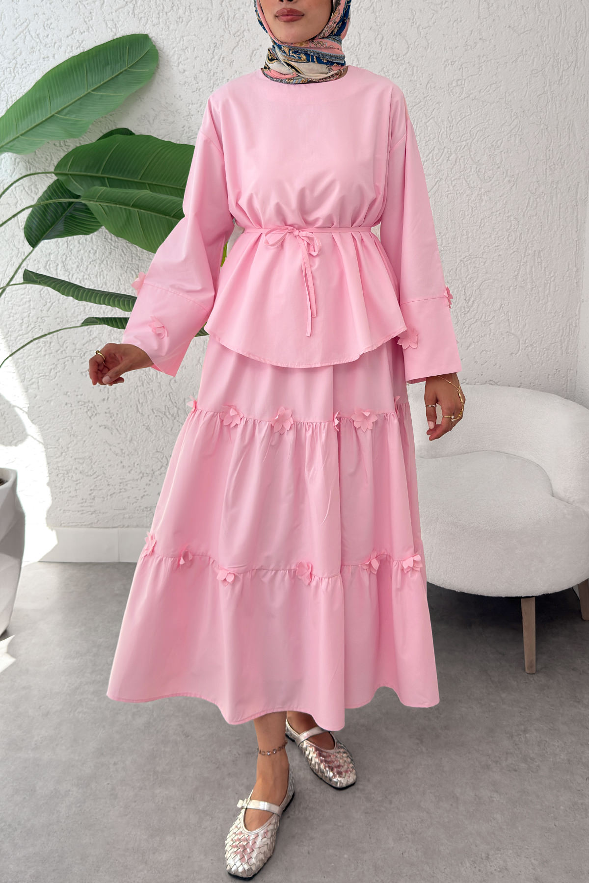 Çiçek Detaylı Etekli Takım 2372 - PEMBE |  