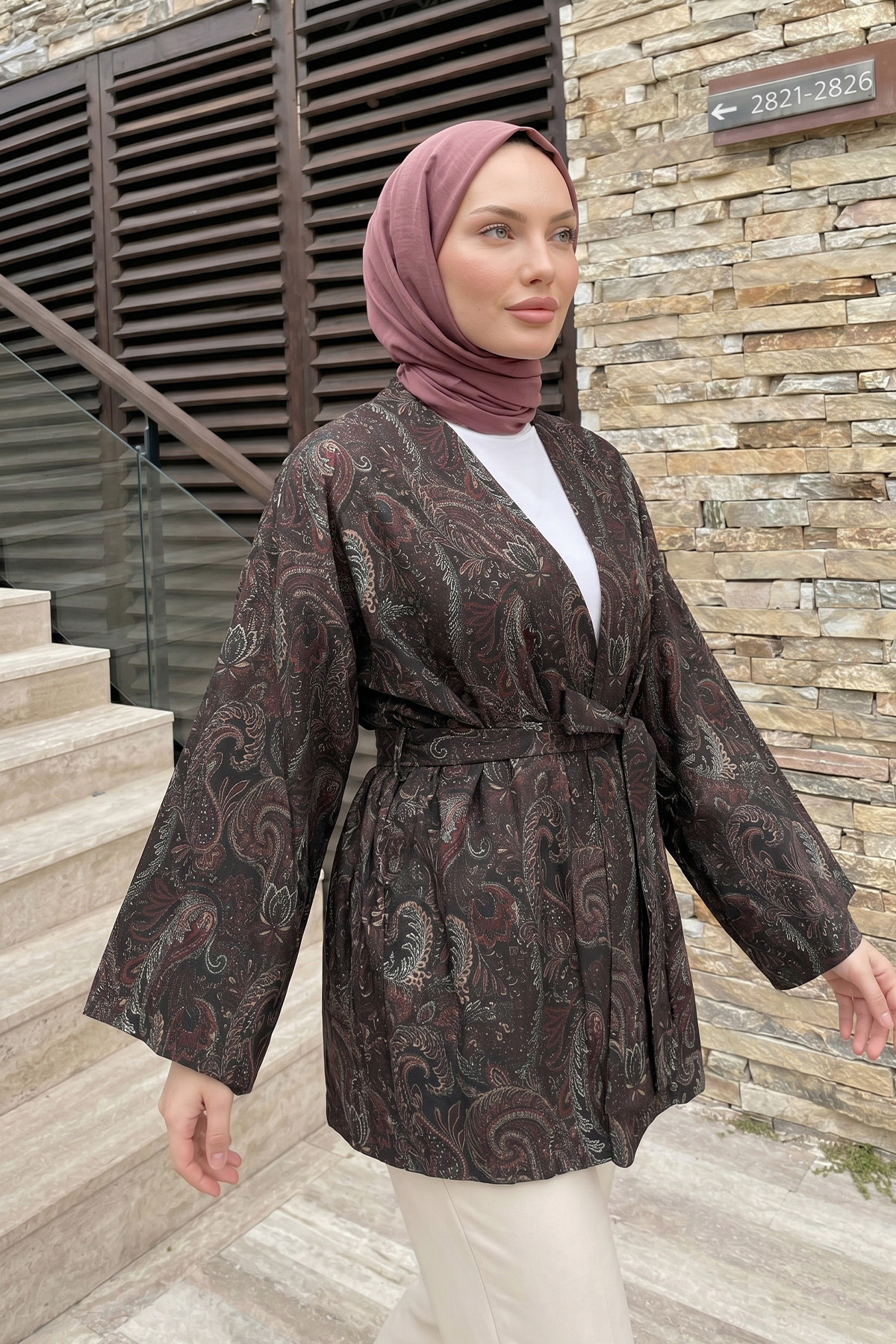 Şal Desen Kuşaklı Kimono 2375 - ACI KAHVE |  