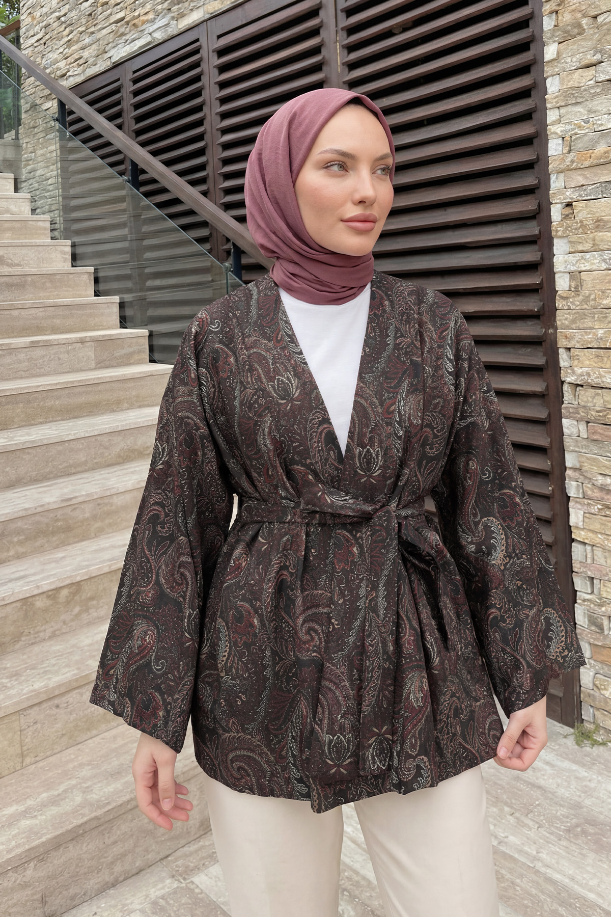 Şal Desen Kuşaklı Kimono 2375 - ACI KAHVE |  