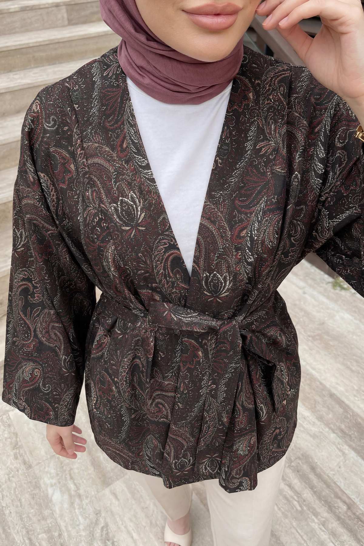 Şal Desen Kuşaklı Kimono 2375 - ACI KAHVE |  