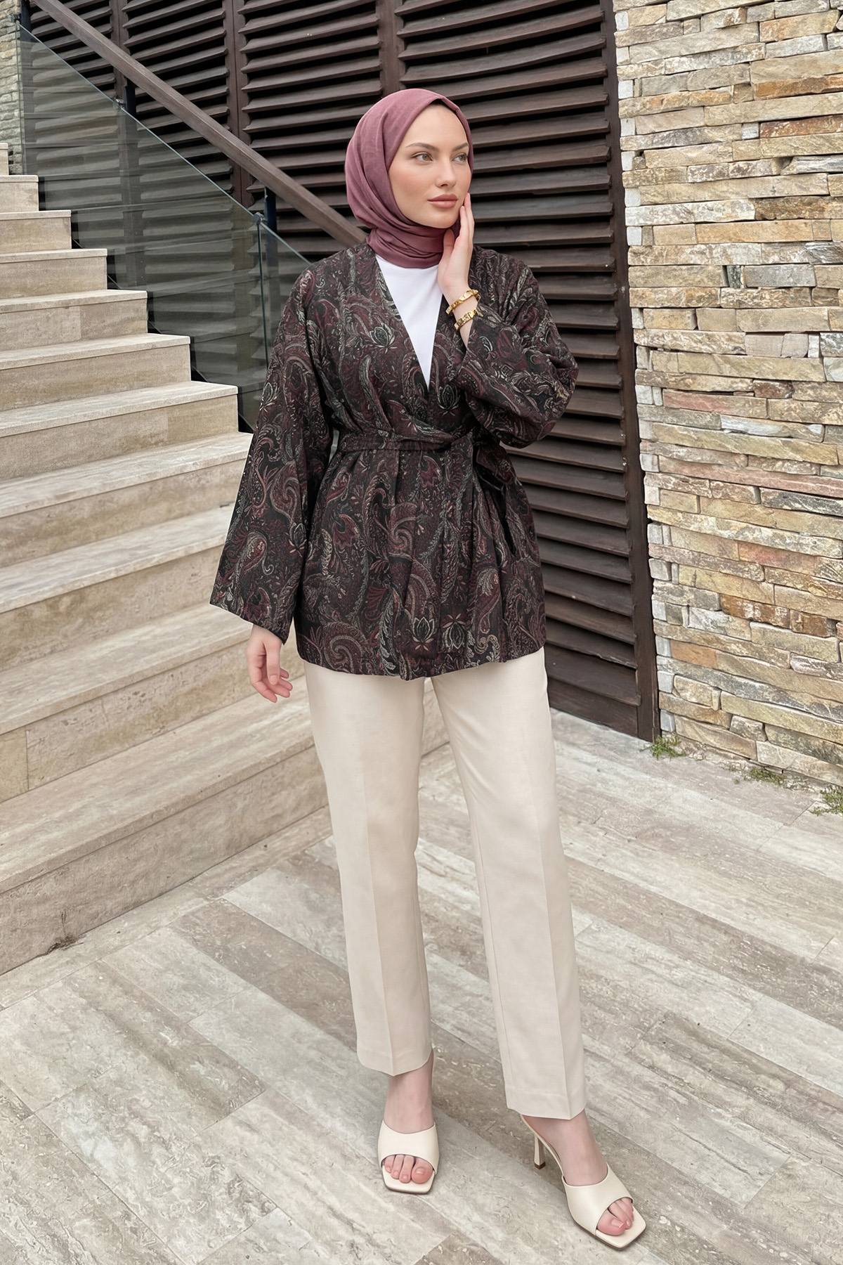 Şal Desen Kuşaklı Kimono 2375 - ACI KAHVE |  