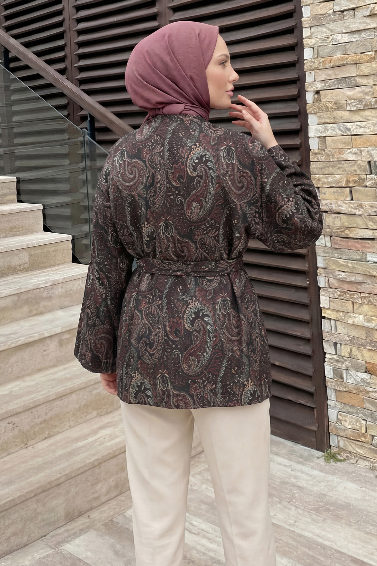 Şal Desen Kuşaklı Kimono 2375 - ACI KAHVE |  