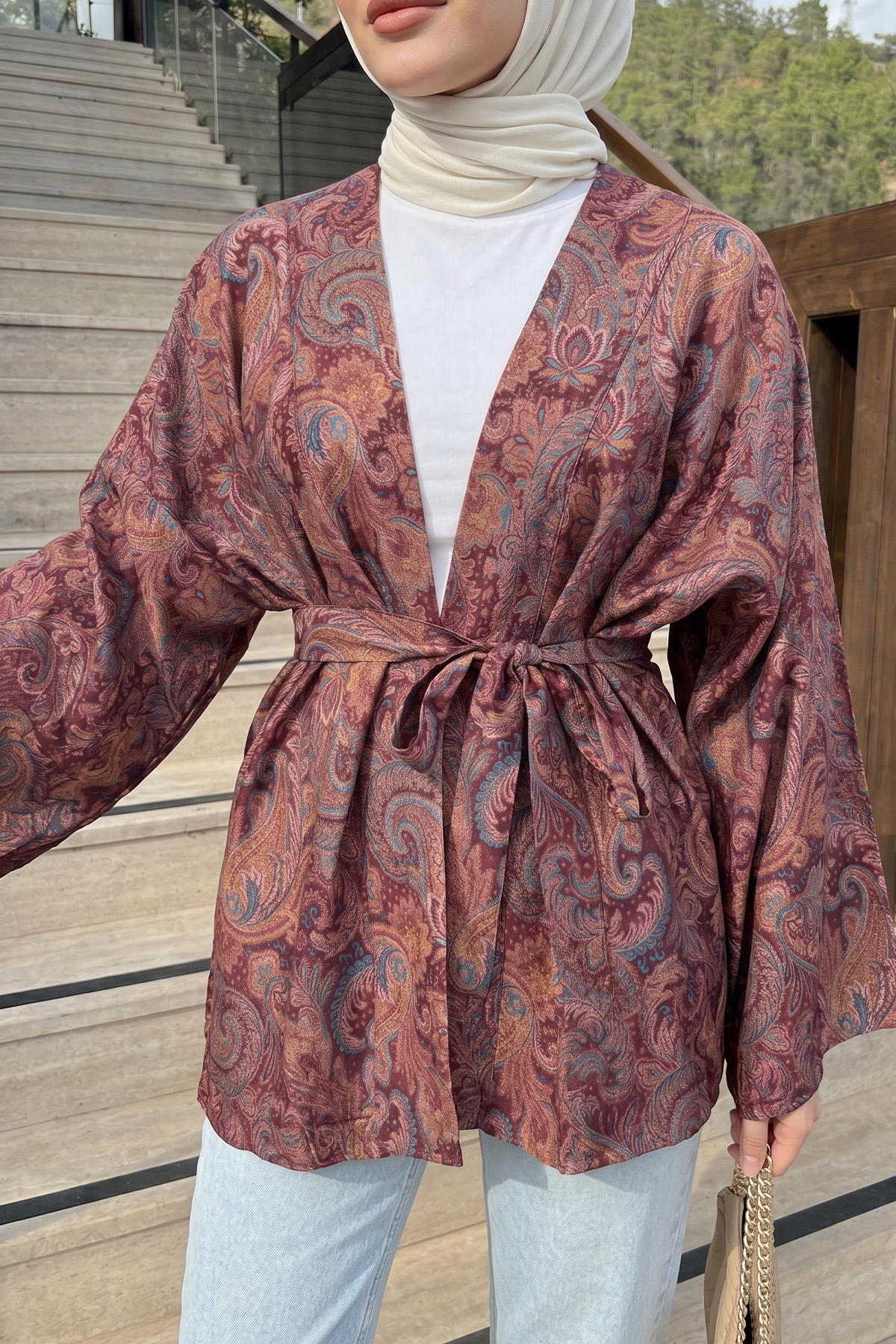 Şal Desen Kuşaklı Kimono 2375 - MÜRDÜM |  