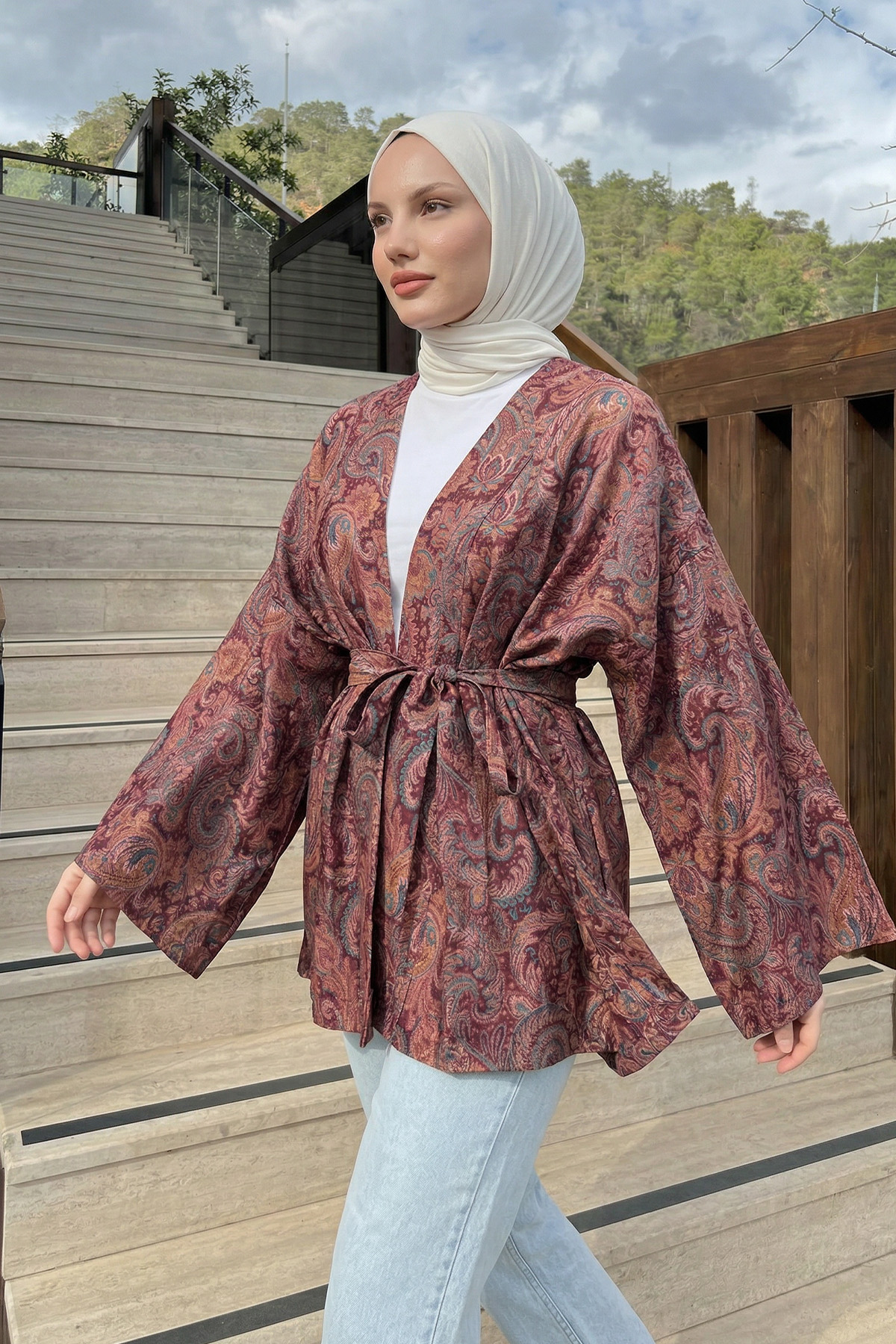 Şal Desen Kuşaklı Kimono 2375 - MÜRDÜM |  