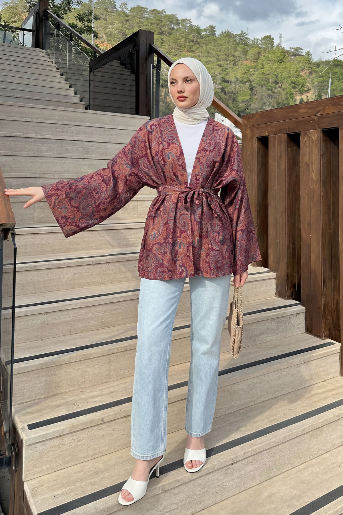 Şal Desen Kuşaklı Kimono 2375 - MÜRDÜM |  