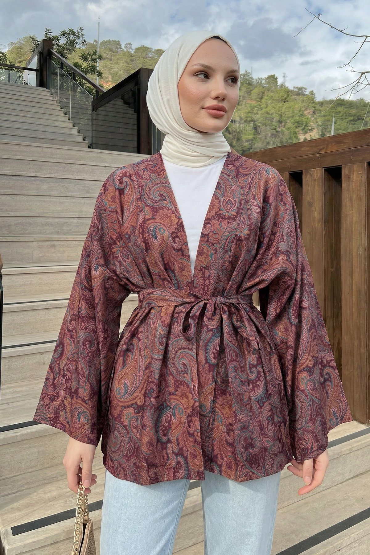 Şal Desen Kuşaklı Kimono 2375 - MÜRDÜM |  
