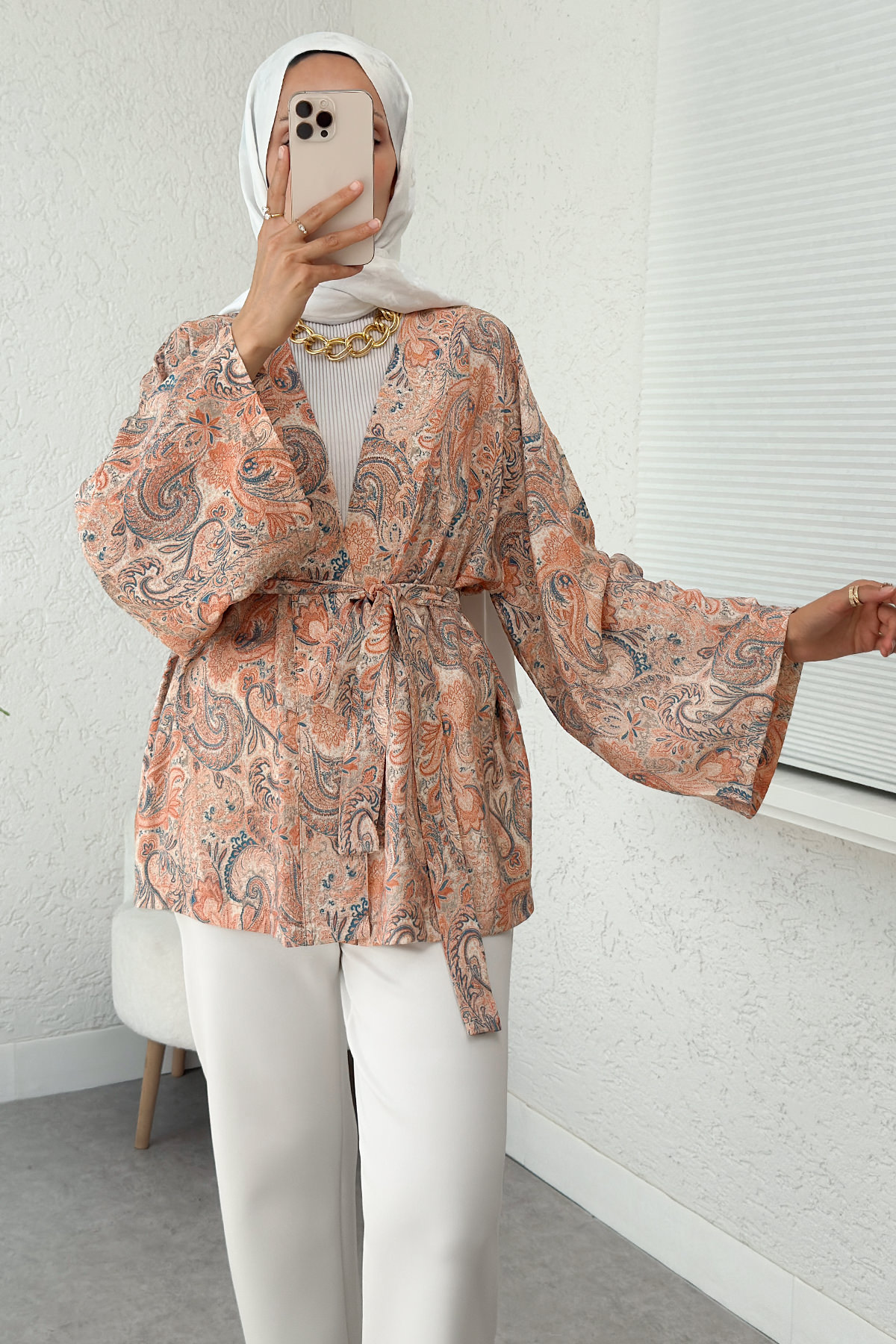 Şal Desen Kuşaklı Kimono 2375 - PUDRA |  