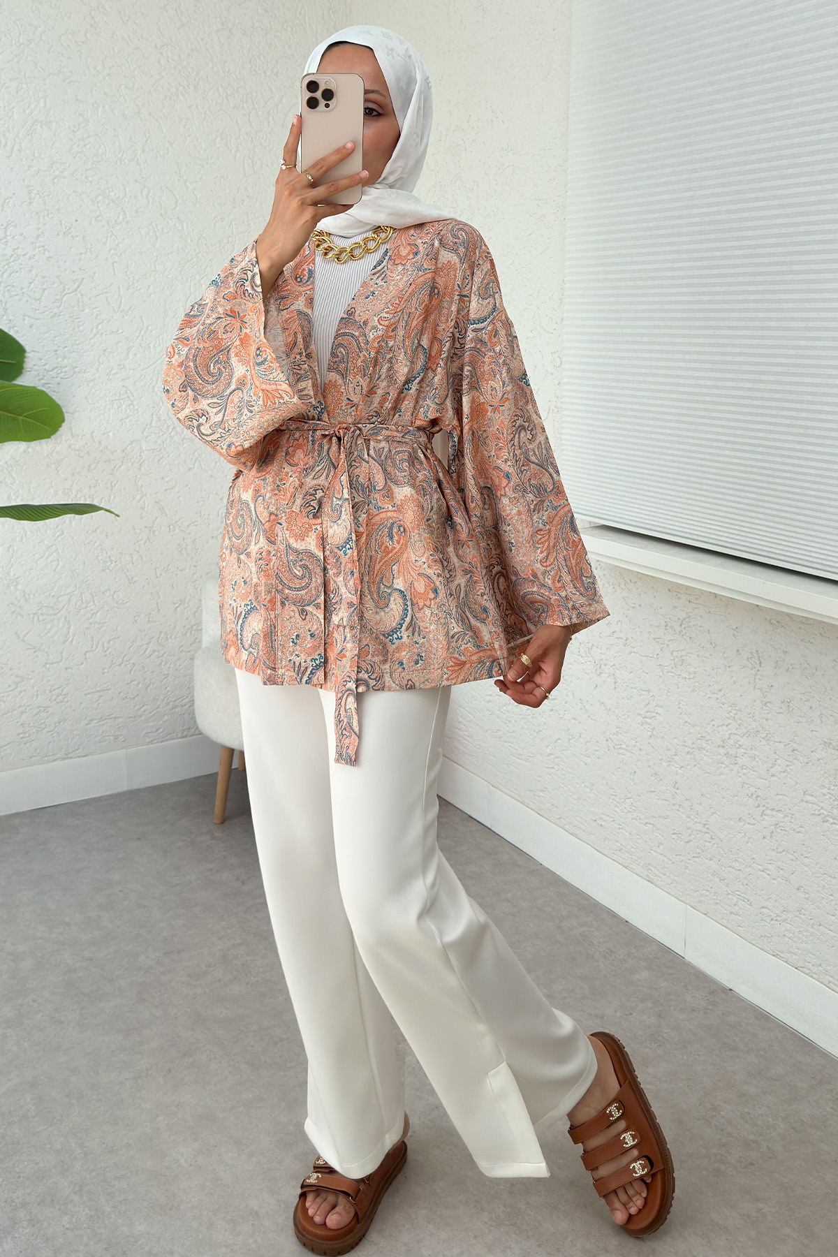 Şal Desen Kuşaklı Kimono 2375 - PUDRA |  